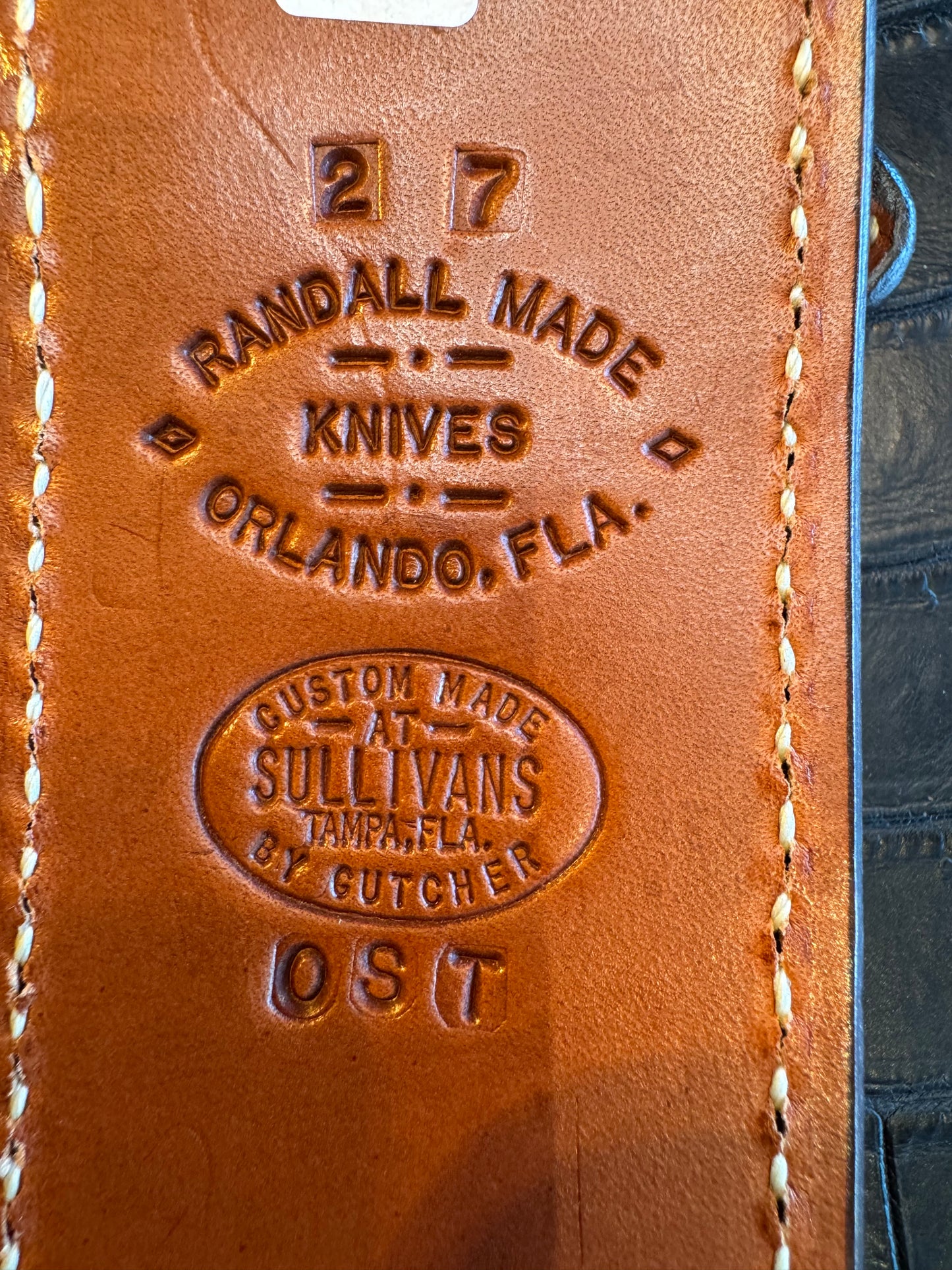 Randall Model 2-7 Exotic Tan Ostrich skin Sheath from Sullivans by Gutcher.