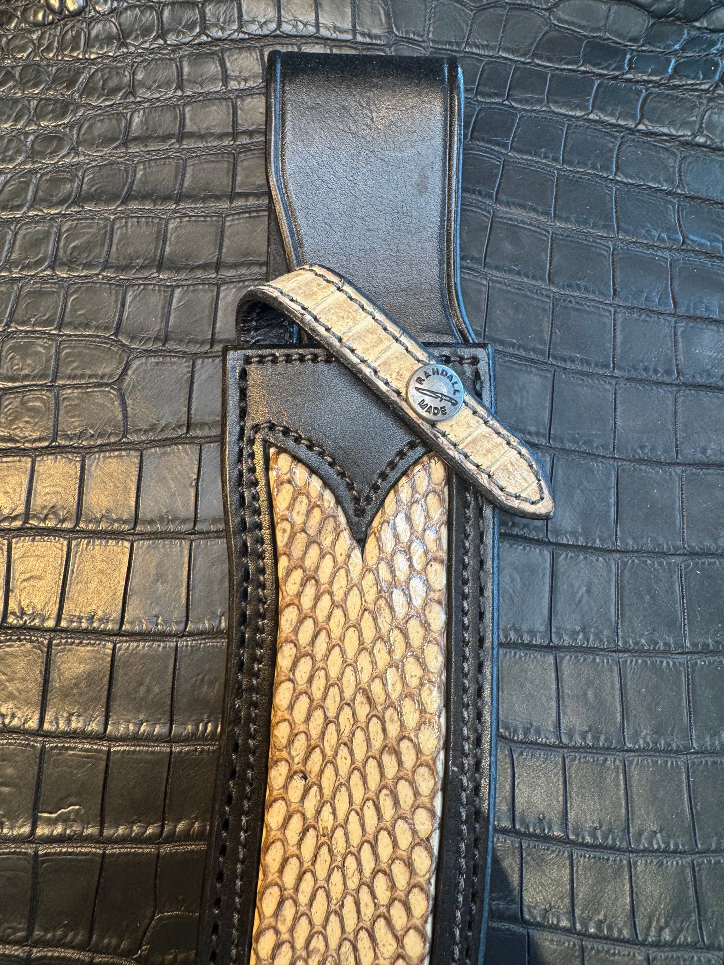 Randall Model Small Sasquatch Sheath in Exotic Python Inlay Custom Made at Sullivan’s by Gutcher.