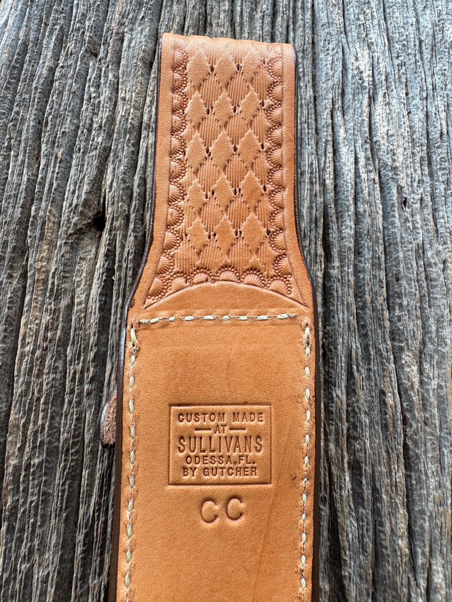 New Randall Model Combat Companion Sheath in Exotic Brown Natural Croc with full leather hand tooled belt loop. Custom Made at Sullivan’s by Gutcher.