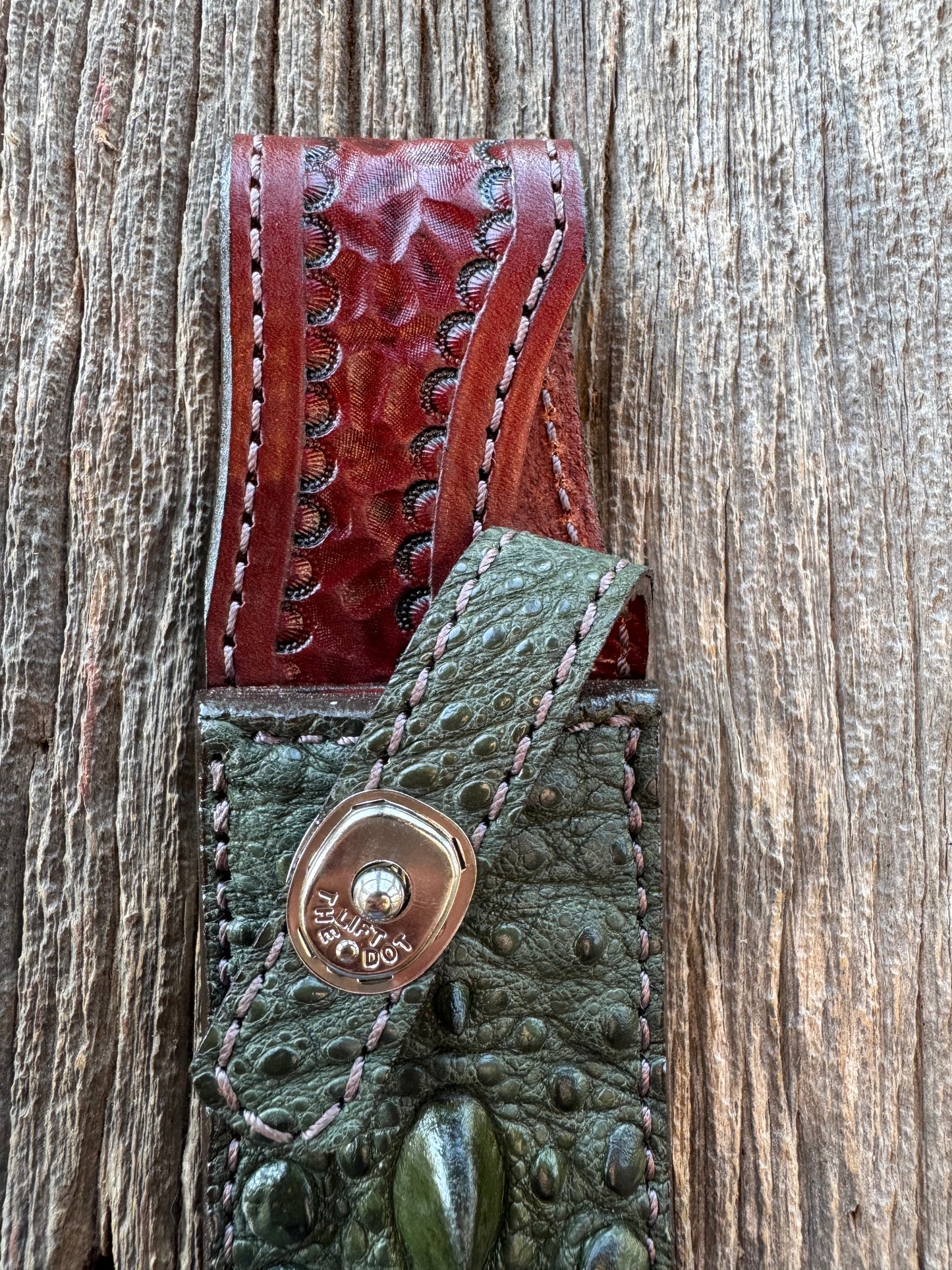 Randall Model 1-8 Grind Sheath in Exotic Green Snapping Turtle by Treeman. Spiked Dragon tail portion of the turtle.
