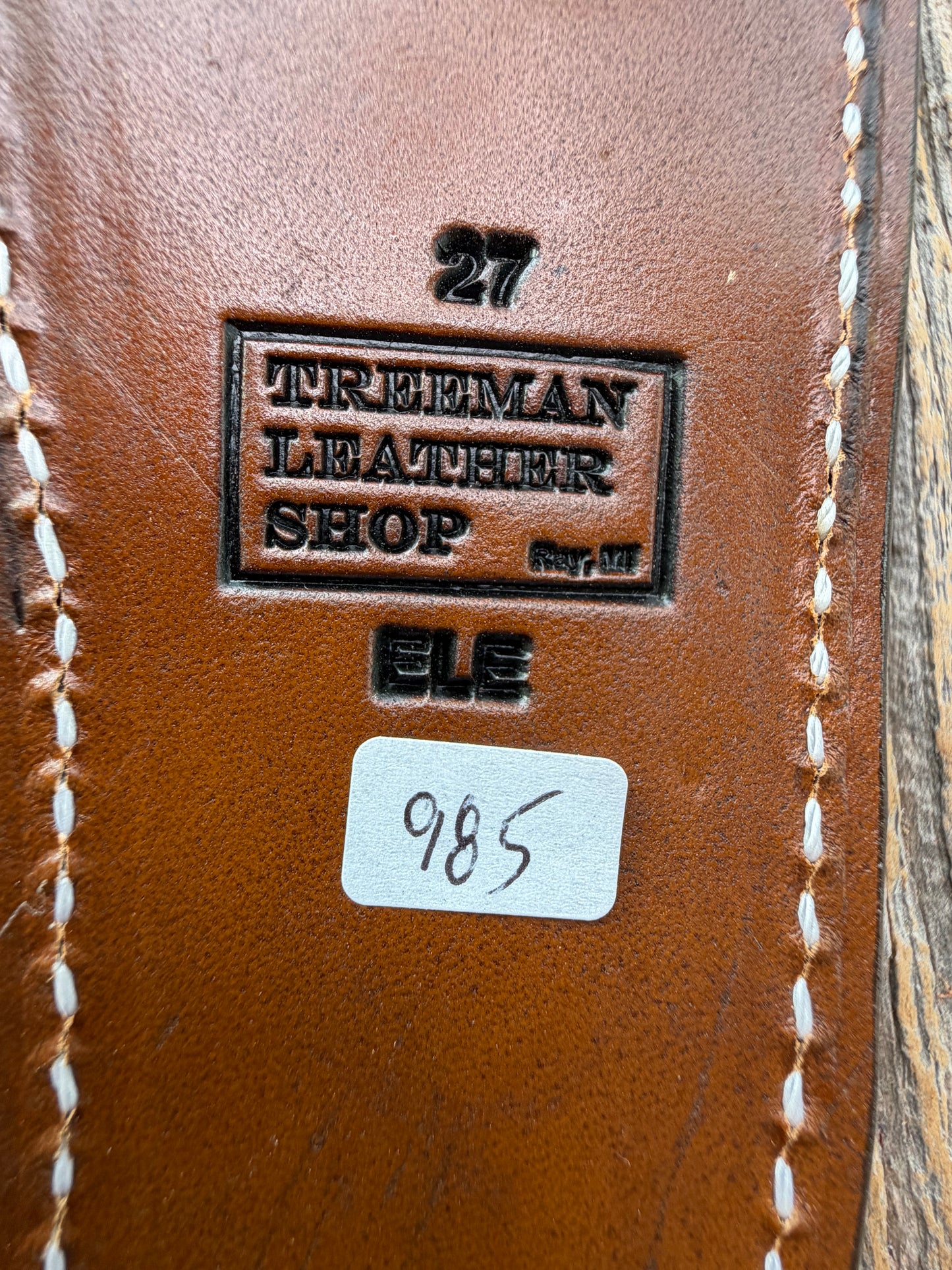 New Randall Model 27 Sheath in Exotic thick and textured Black and Grey Elephant Ear on brown leather from Treeman with a black Canteen snap. Hand tooled belt loop. Killer sheath.