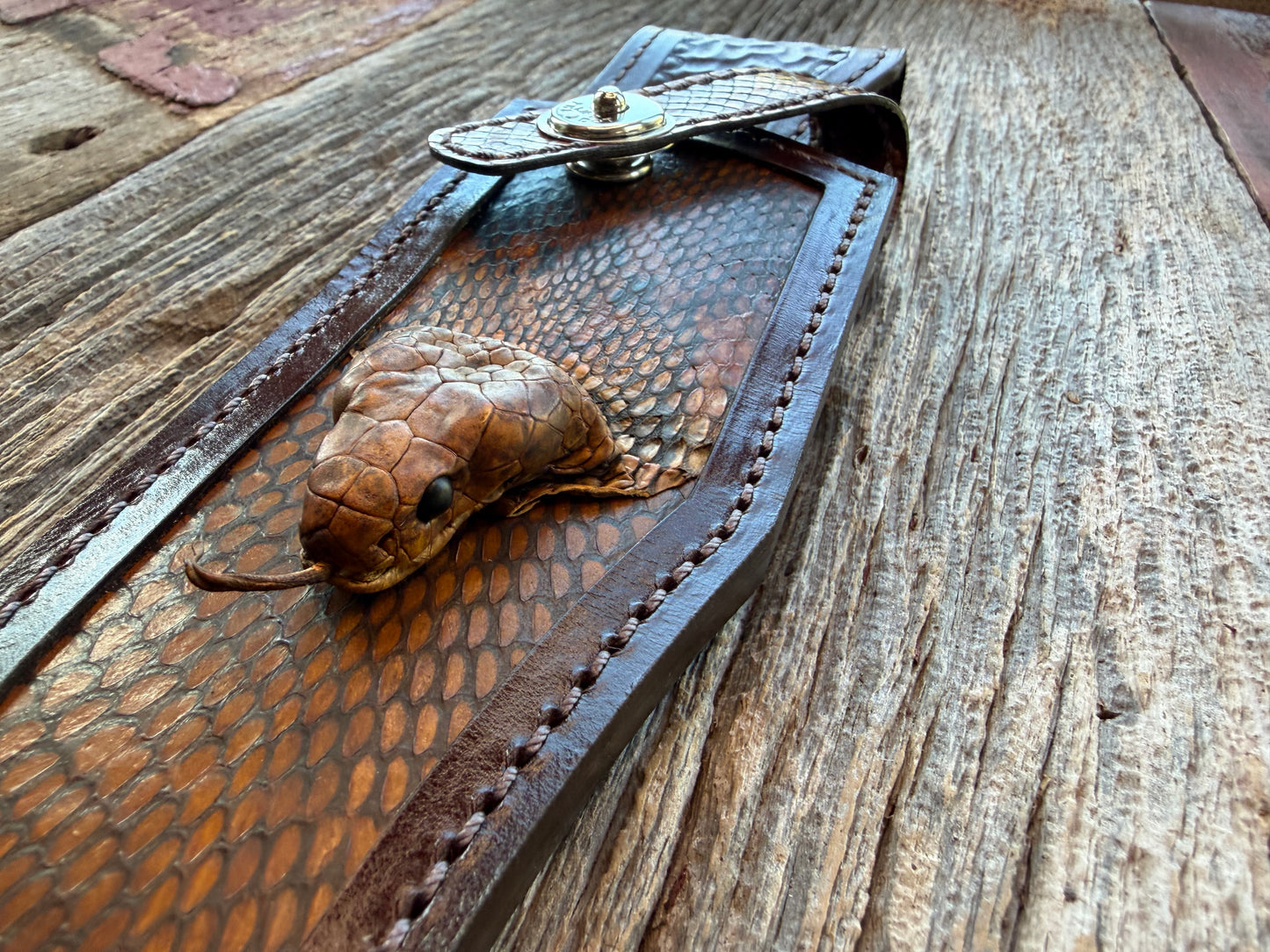 New Randall Model 12-8 Big Bear Sheath in Exotic Cobra with actual head by Treeman. Black and Browns … one of only a three I made.