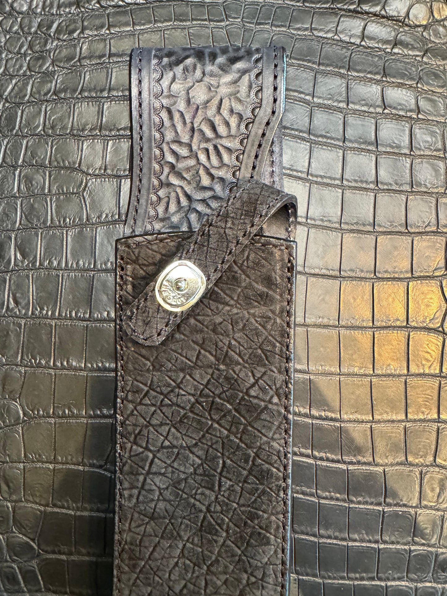 Randall Model 12-11 Smithsonian “Smitty” in Black Hippo, forward curved hilt, Canteen Snap, full brass stamping and stitching.