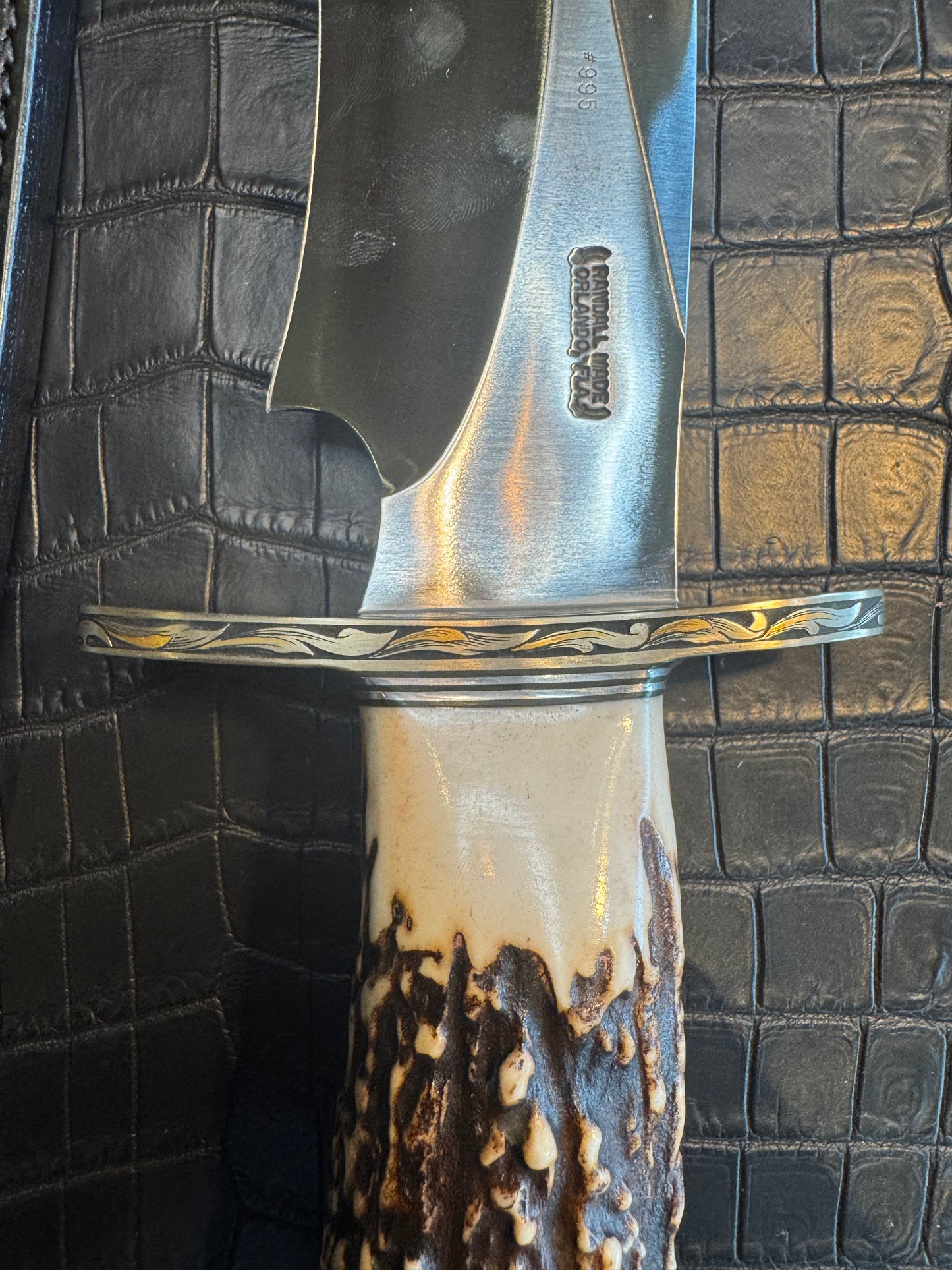 Randall Model 12-11 Dealer Special Large Sasquatch in a Huge piece of Popcorn Stag. Gold and Silver Engraved, Nickel Silver Hilt and Butt plate.