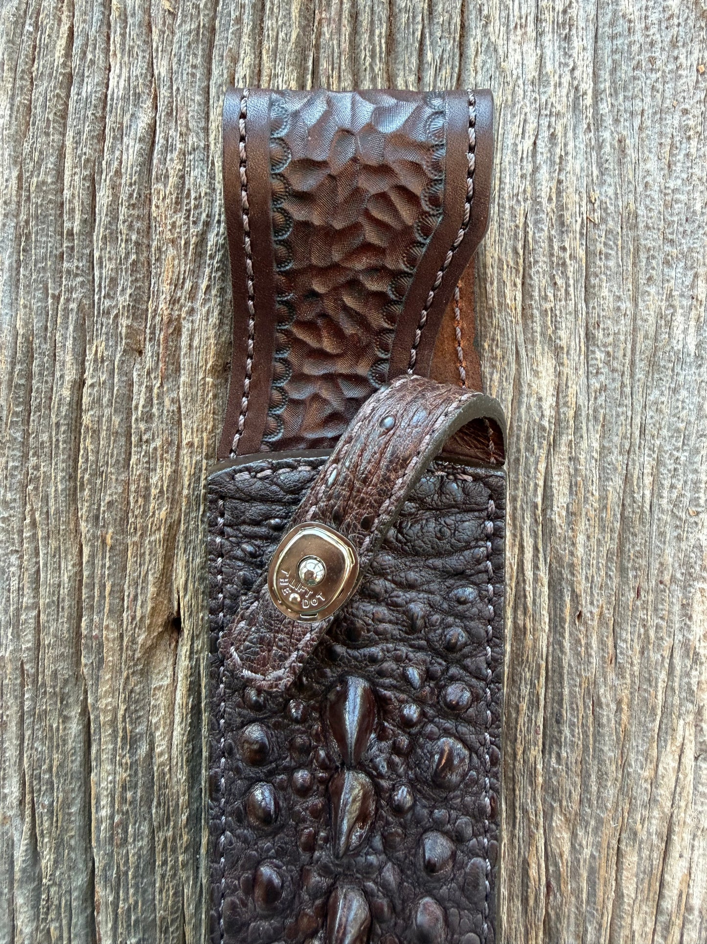 New Randall Model 12-9/14 Grind Sheath in Exotic Brown Snapping Turtle by Treeman. Spiked Dragon tail portion of the turtle.