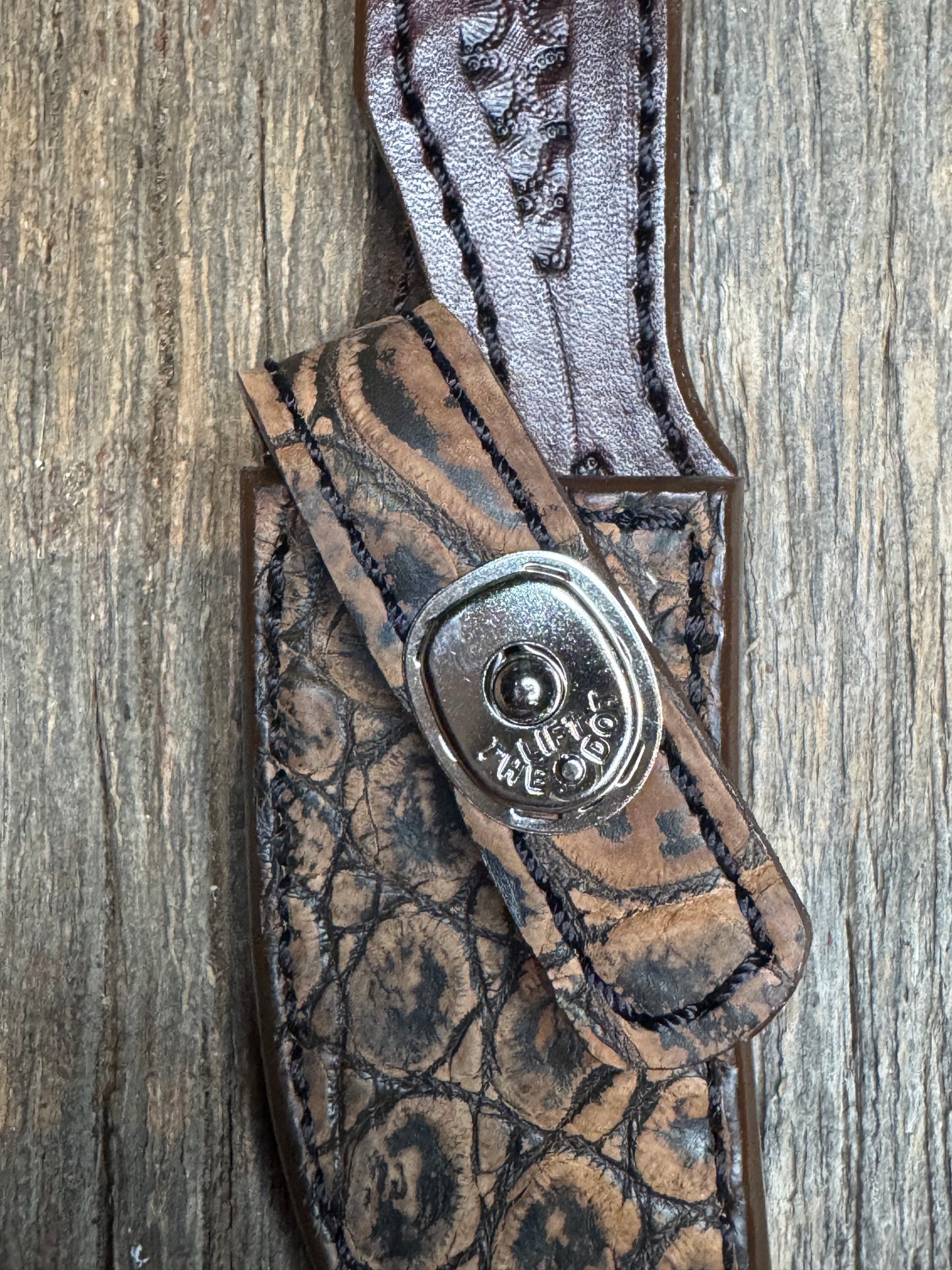 Randall Model 21 Sheath in Exotic Brown Sueded Crocodile from Treeman.