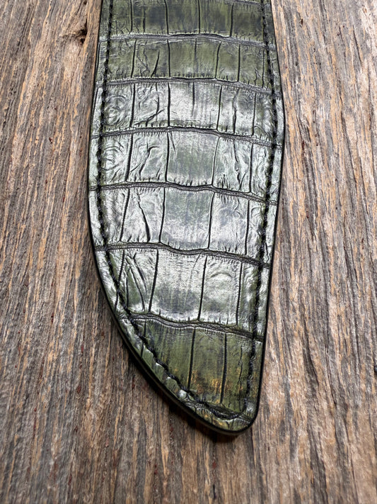 New Randall Model 12-9 Sheath in Exotic Army Green Matte Crocodile from Treeman with the newest Black Canteen snap. Killer sheath.