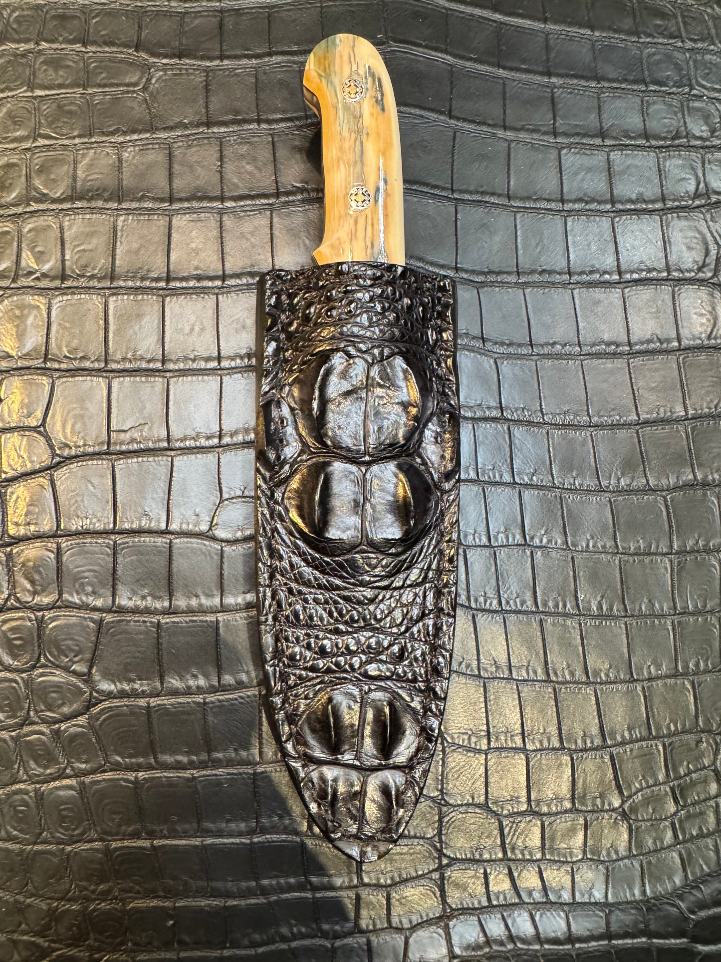 Randall Model Tri Athlete Sheath with Scales Added in Exotic Black Hornback Crocodile (Skull) by Treeman. (Sheath only)