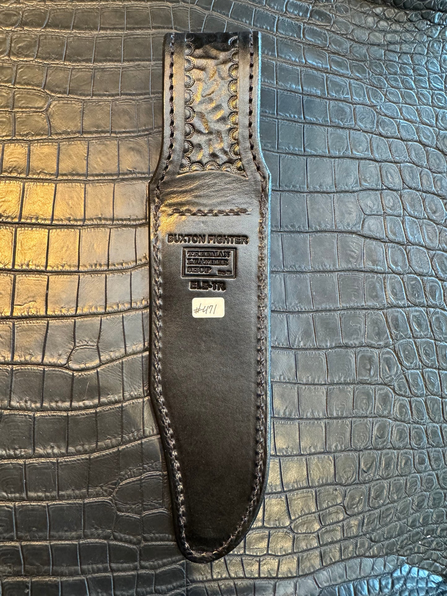 Randall Model Buxton Fighter “Dealer Special” Exotic Sheath in Black Elephant Trunk by Treeman.