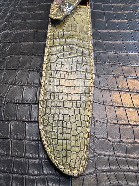 Randall Model 1-8 in Army Green Crocodile. Straight hilt, Canteen Snap, full brass stamping and stitching.