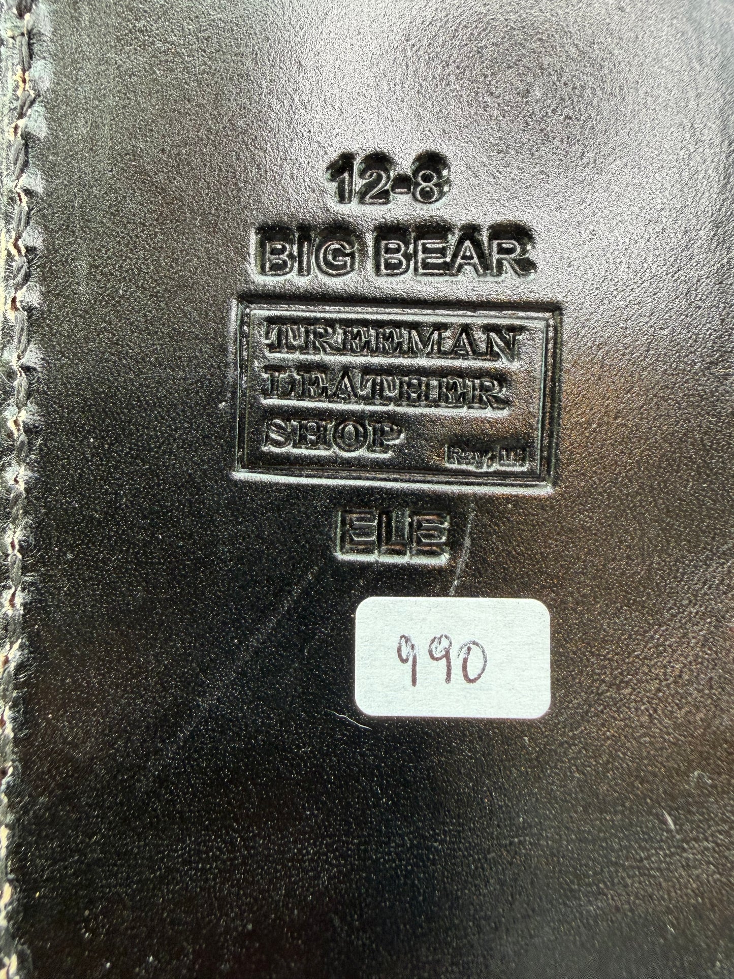 New Randall Model 12-8 Big Bear Sheath in Exotic thick and textured Grey Elephant Hide on black leather from Treeman with a black Canteen snap. Hand tooled belt loop. Killer sheath.