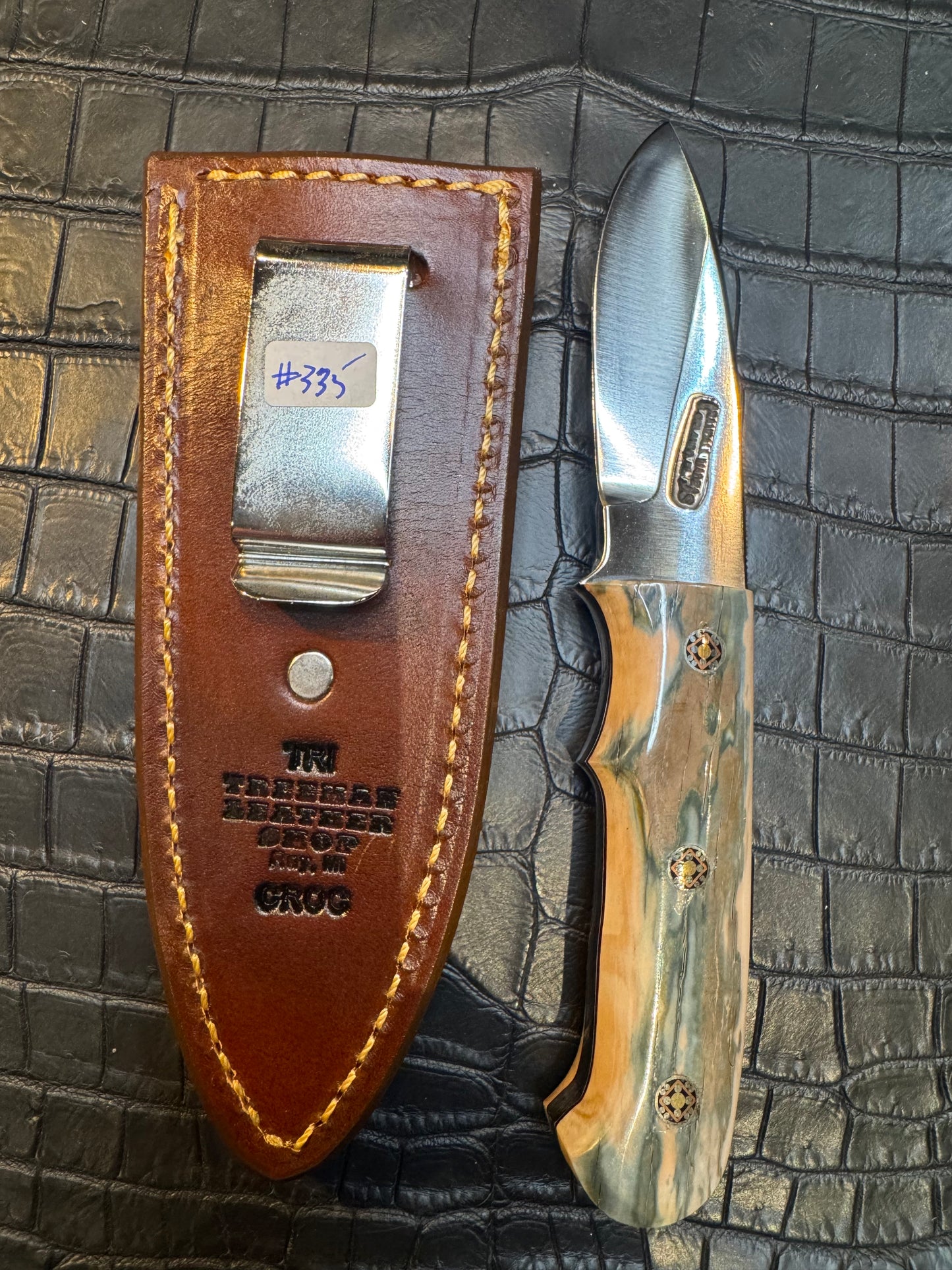 Randall Model Tri Athlete Sheath with Scales Added in Exotic Rum Crocodile by Treeman. (Sheath only)