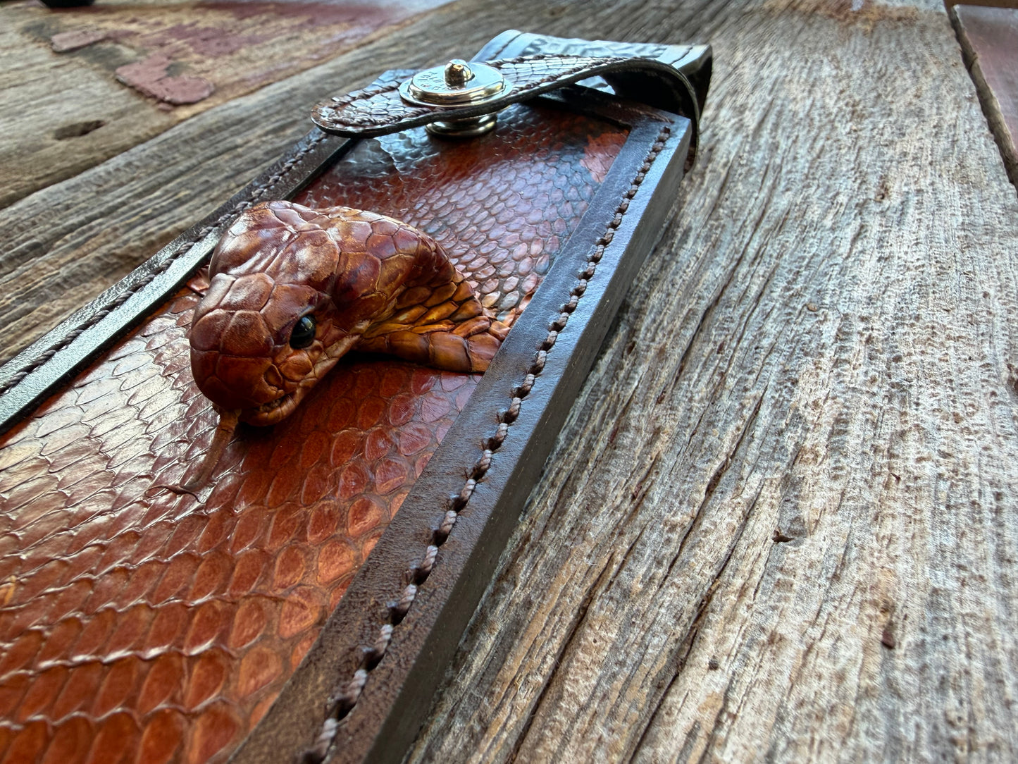 New Randall Model 12-9 Bowie Sheath in Exotic Cobra with actual head by Treeman. Black and Browns … one of only a few 12-9’s I have.