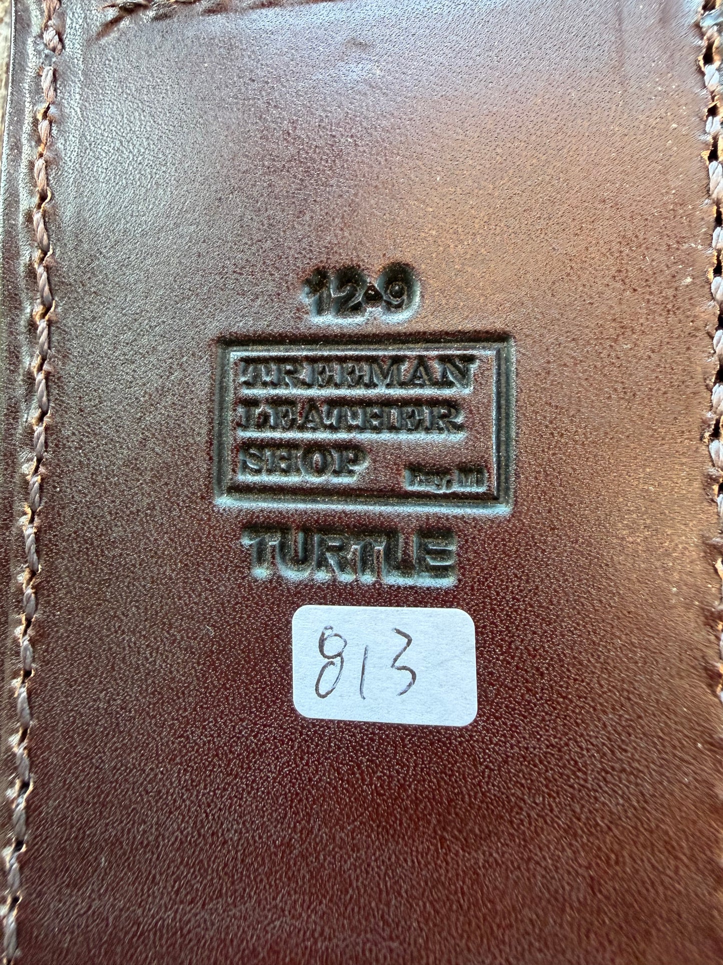 New Randall Model 12-9/14 Grind Sheath in Exotic Brown Snapping Turtle by Treeman. Spiked Dragon tail portion of the turtle.