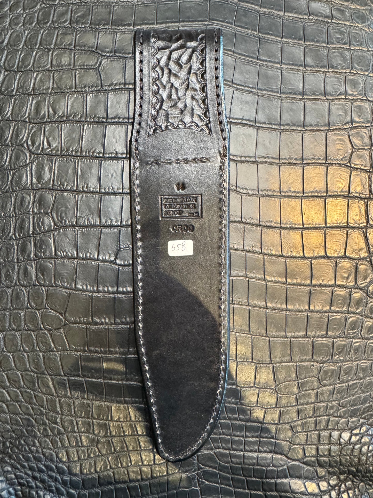 Randall Model 14 in Black Crocodile Straight hilt, Canteen Snap, full brass stamping and stitching.