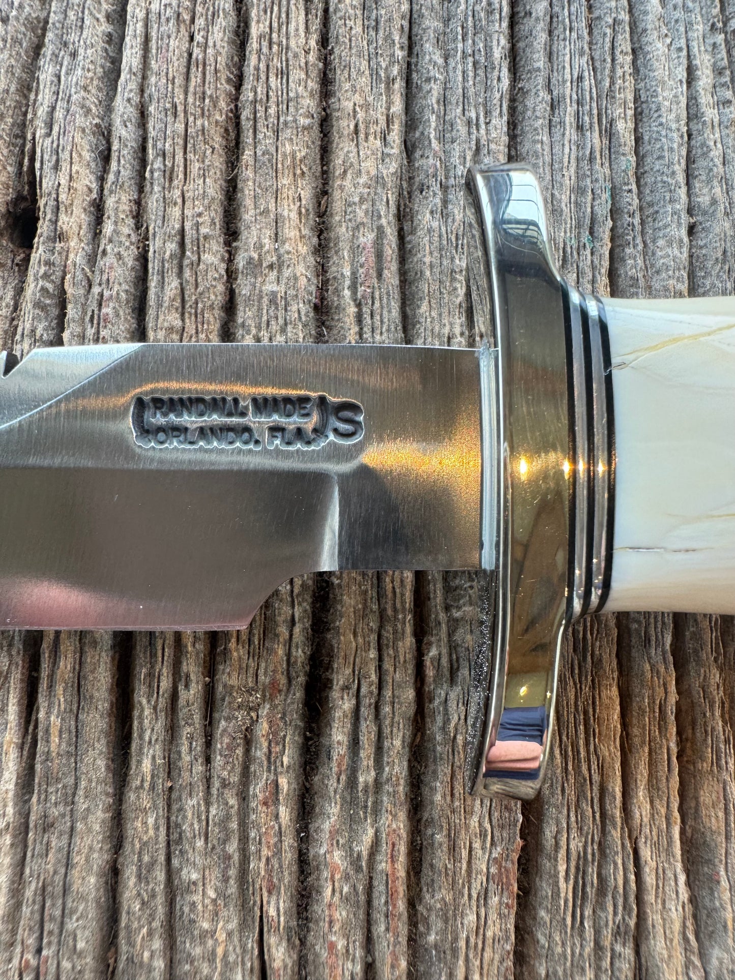 Rare Randall Model Combat Companion in Beautiful Spiraled Narwal, Nickel Silver Hilt and butt cap, black and silver spacers. SS Stunning and rare.