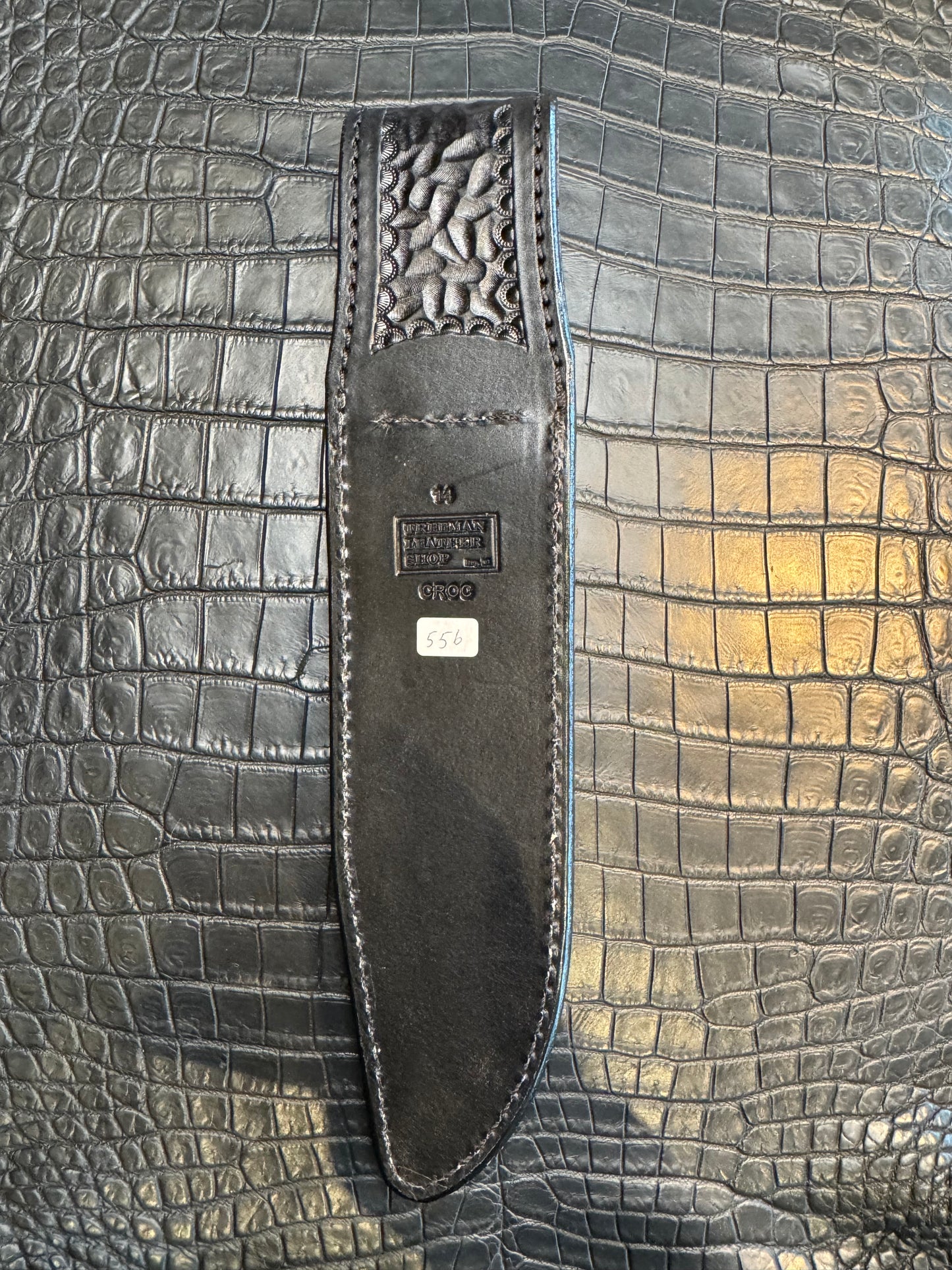 Randall Model 14 in Black Crocodile Straight hilt, Canteen Snap, full brass stamping and stitching.