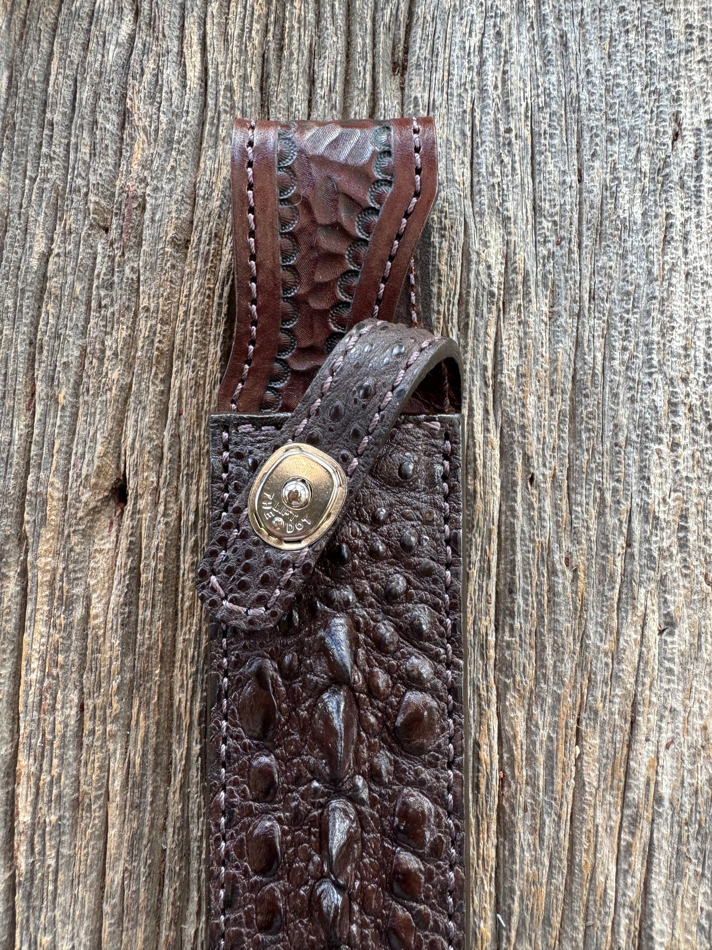Randall Model 16-7 SP1 Sheath in Exotic Brown Snapping Turtle by Treeman. Spiked Dragon tail portion of the turtle.