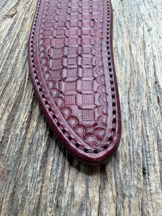 Randall Model 12-8 “Big Bear” sheath in Ox Blood Red stamped leather from Sullivans by Gutcher. Parquet window pattern, mesmerizing !!