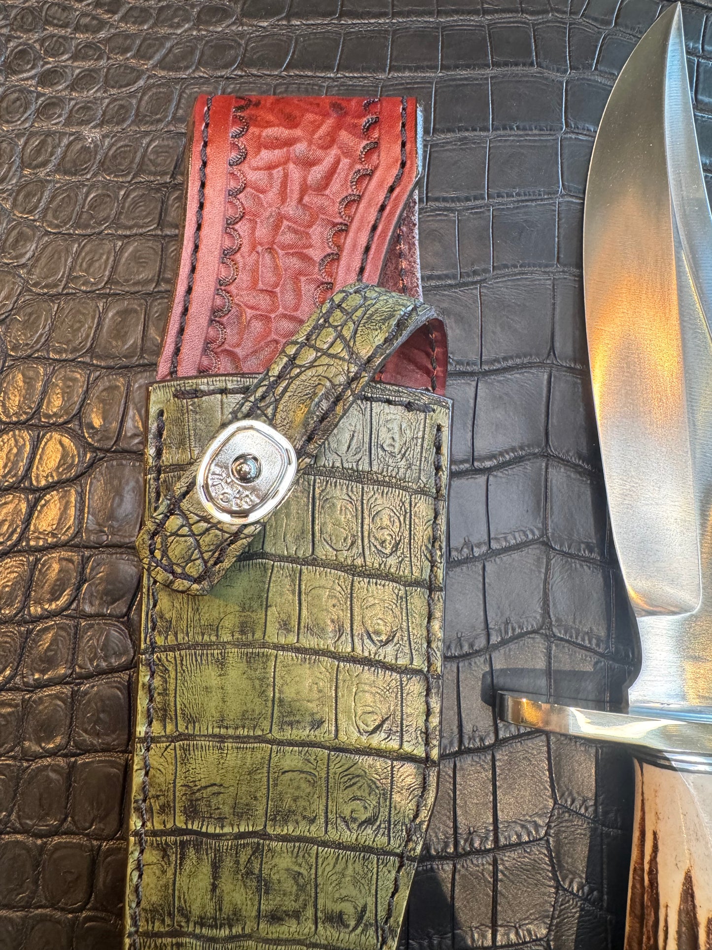 Randall Model 12-8 “Big Bear” Sheath in Exotic Army Green Crocodile by Treeman. (Sheath only)