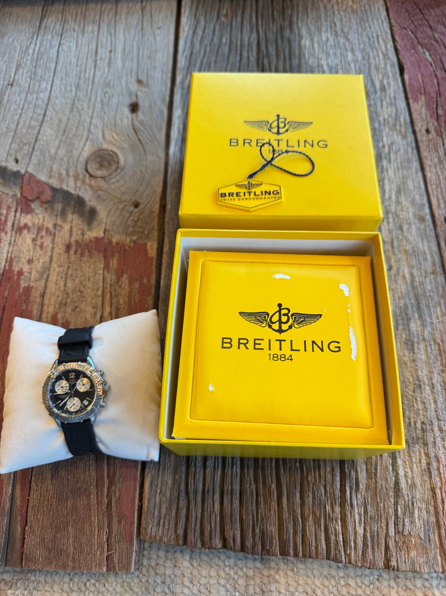 1999 Breitling Colt Chronograph. Black Dial with Breitling rubber divers strap. Ref A53035Box and papers included.