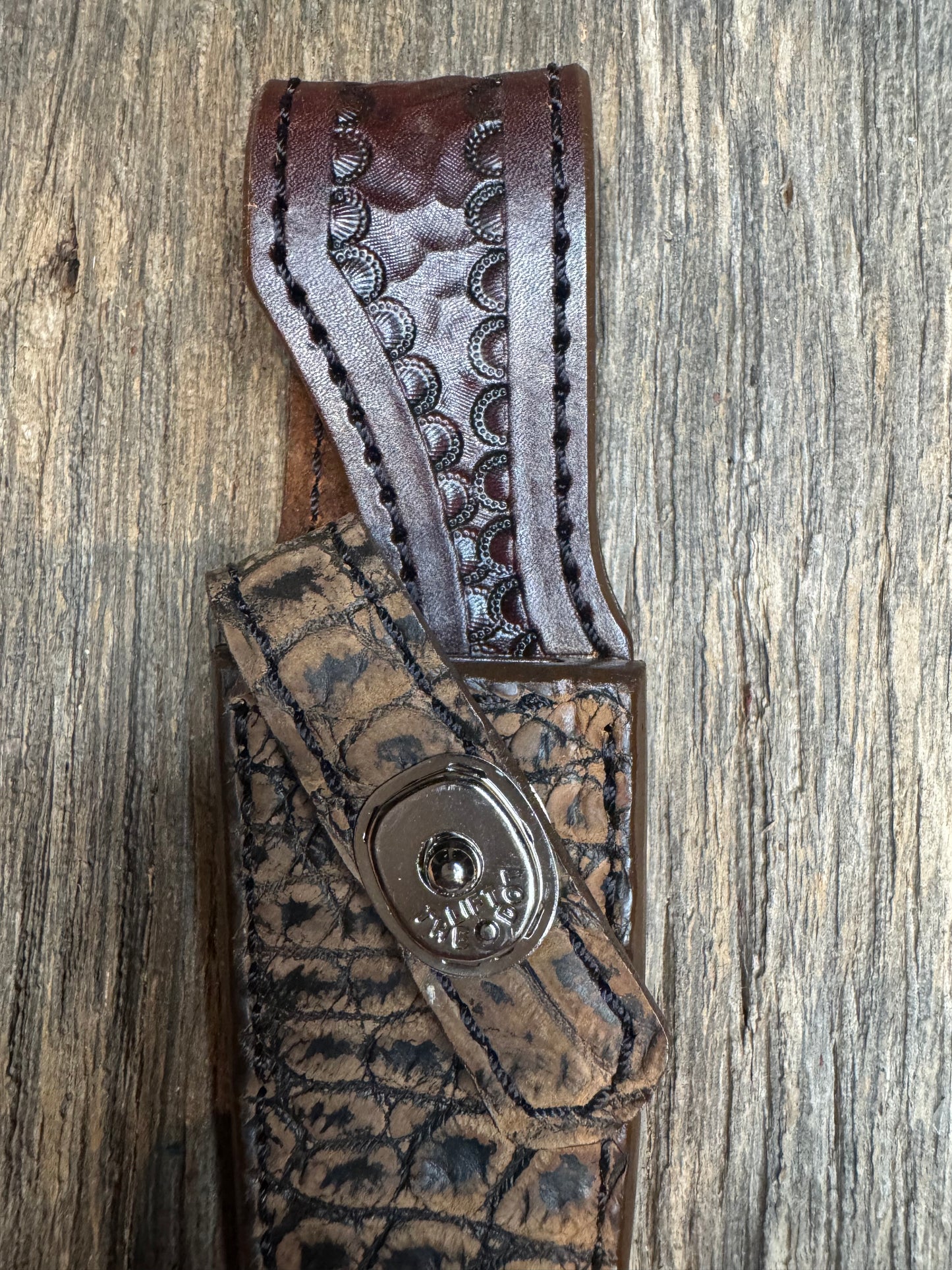 Randall Model 8-4 Sheath in Exotic Brown Sueded Crocodile from Treeman.