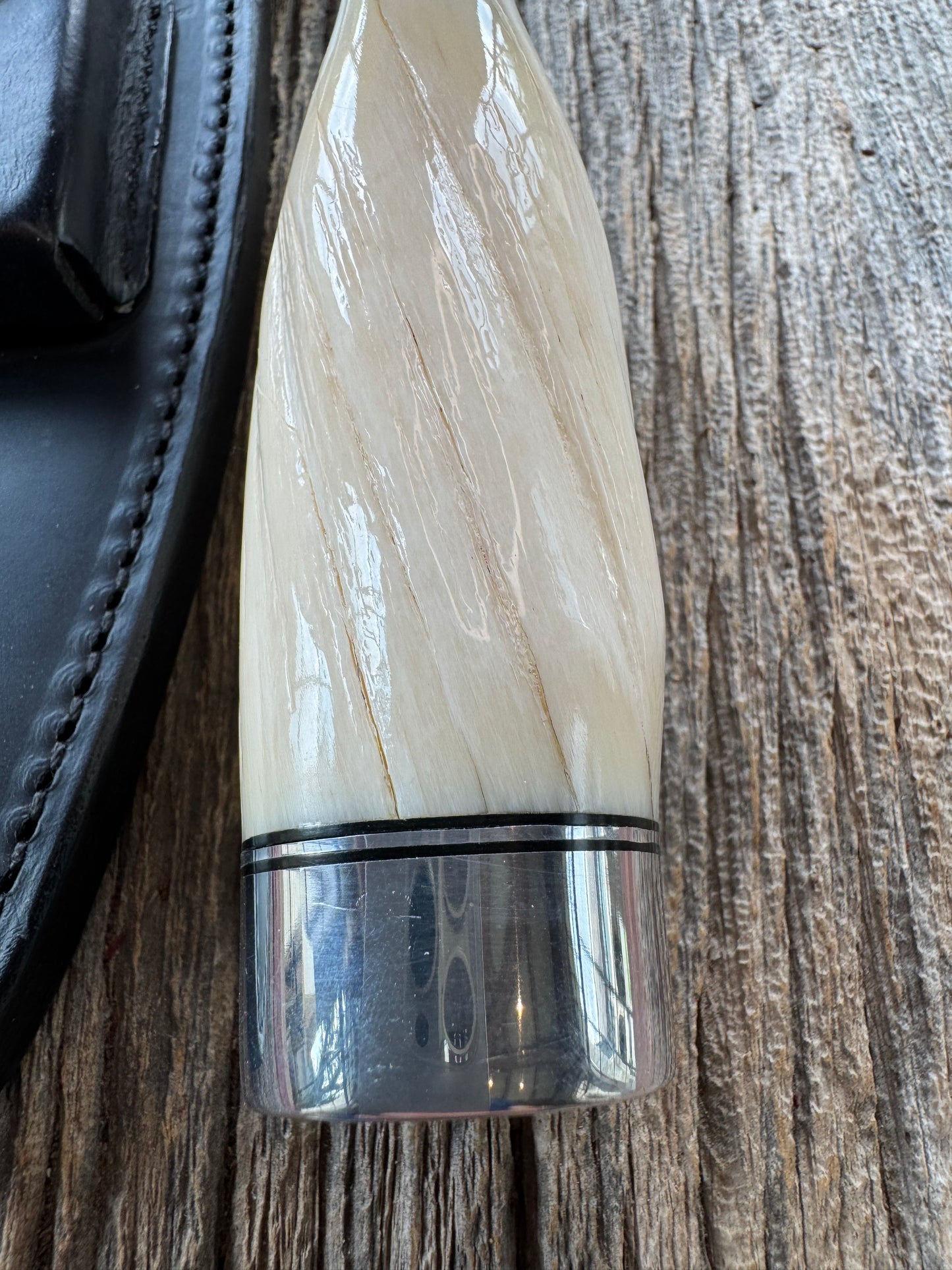 Rare Randall Model Small Sasquatch in Beautiful Spiraled Narwal, Nickel Silver hilt and aluminum crows beak butt. Stainless steel, Stunning and rare.