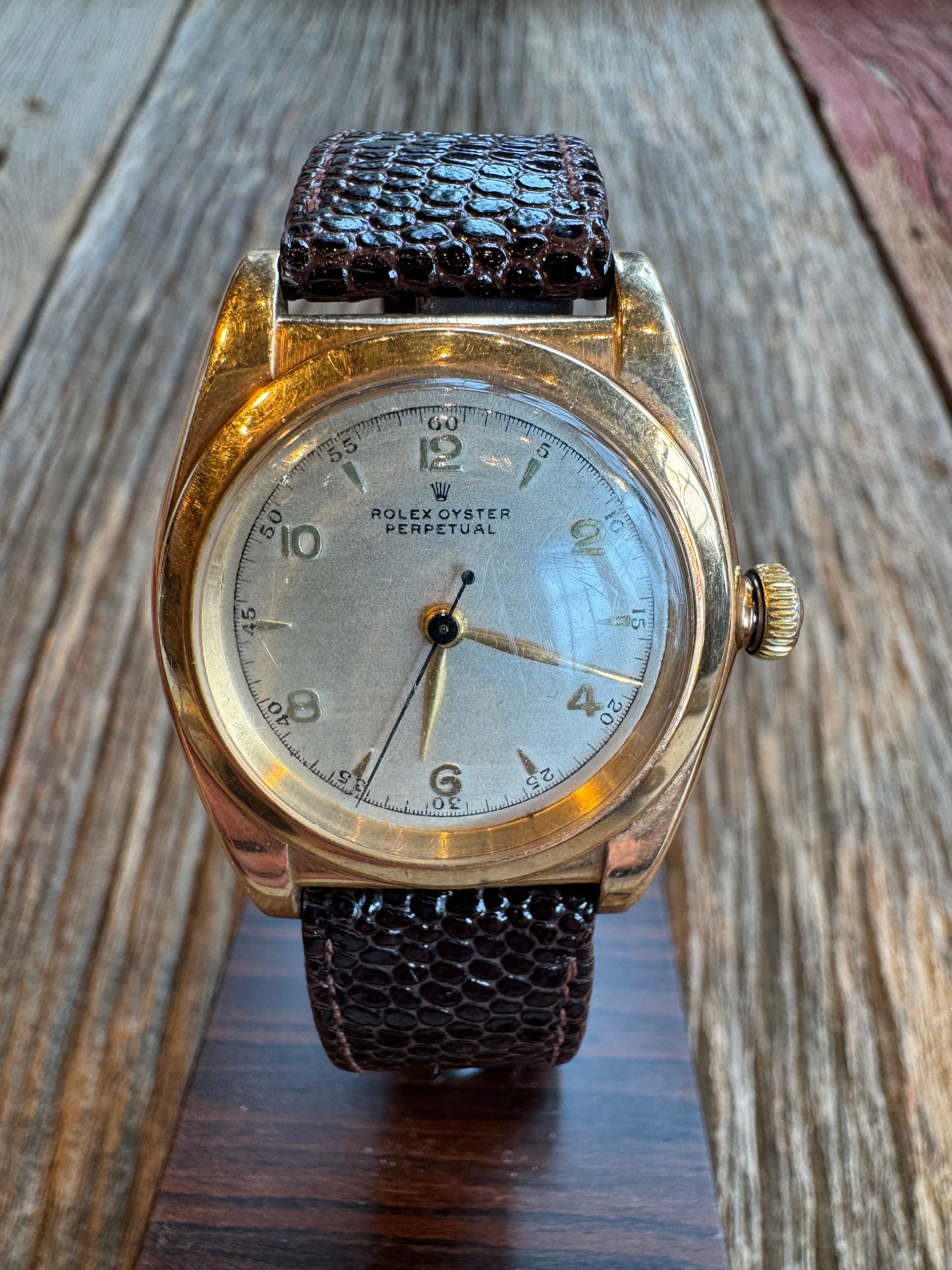 Vintage Rolex Oyster Perpetual Bubble Back circa 1940-1942 Rose Gold case with cream dial. Hirsch Lizard 18mm strap. No box or papers.