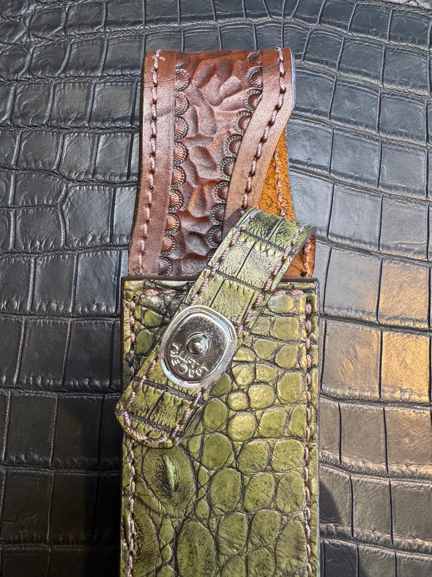 Randall Model 1-8 in Army Green Crocodile. Straight hilt, Canteen Snap, full brass stamping and stitching.