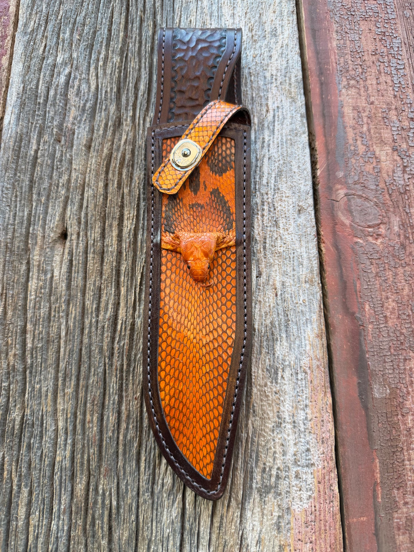 New Randall Model 12-9 Bowie Sheath in Exotic Cobra with actual head by Treeman. Browns, Black and Rust, one of only a few 12-9’s I have.