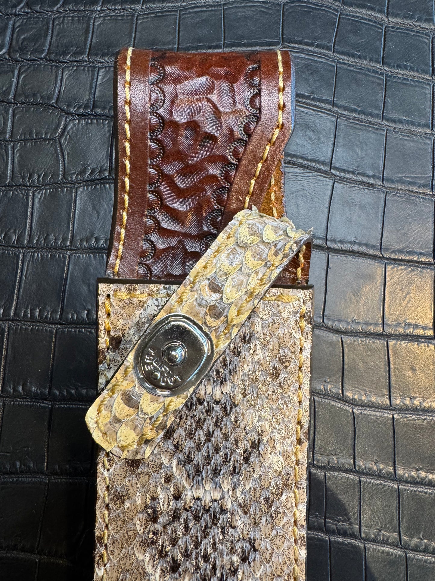Randall Model 14 in rare Rattlesnake, Straight hilt, Canteen Snap, full brass stamping and stitching.