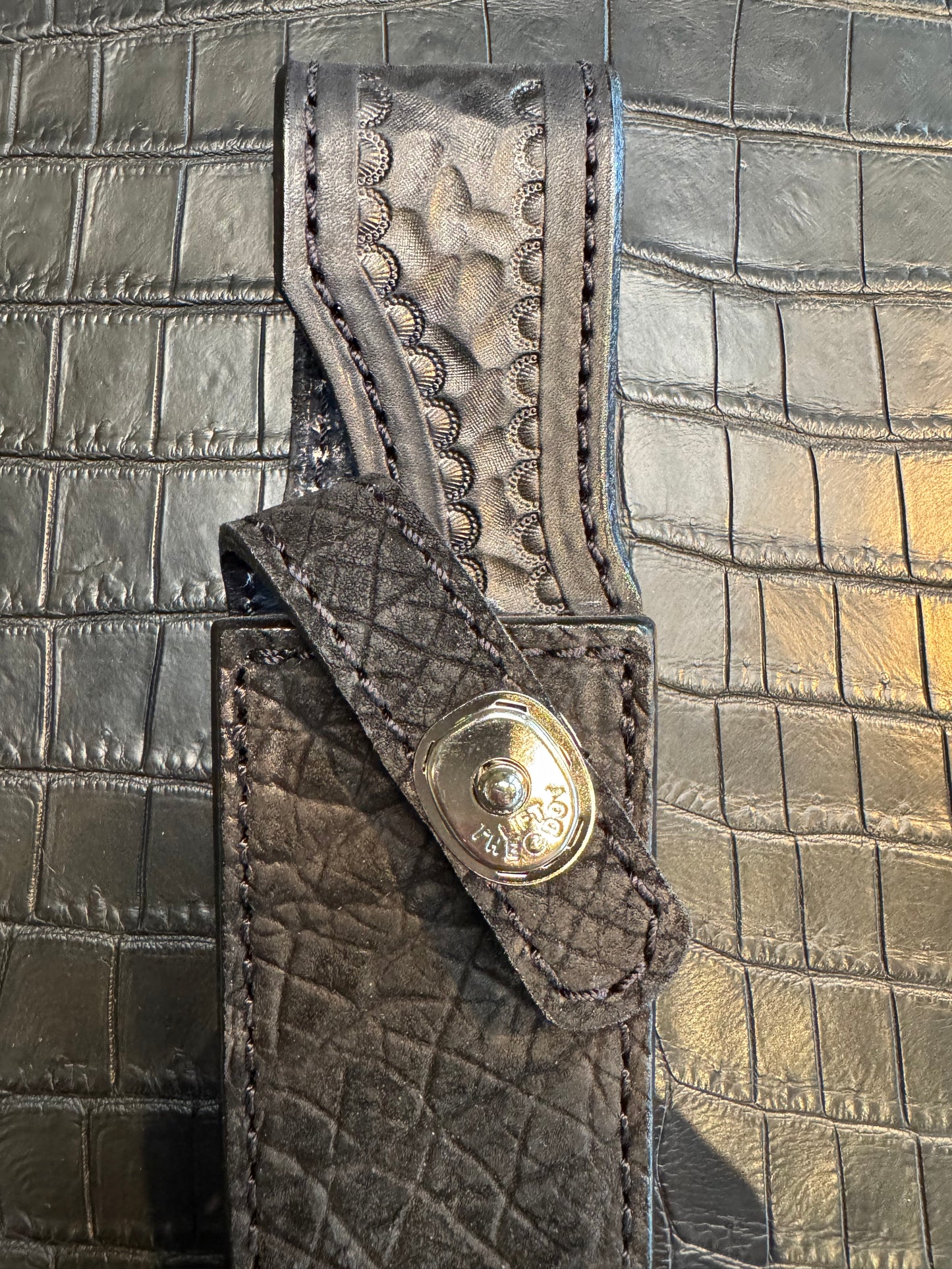 Randall Model 23 in Black Hippo Straight hilt, Canteen Snap, full brass stamping and stitching.