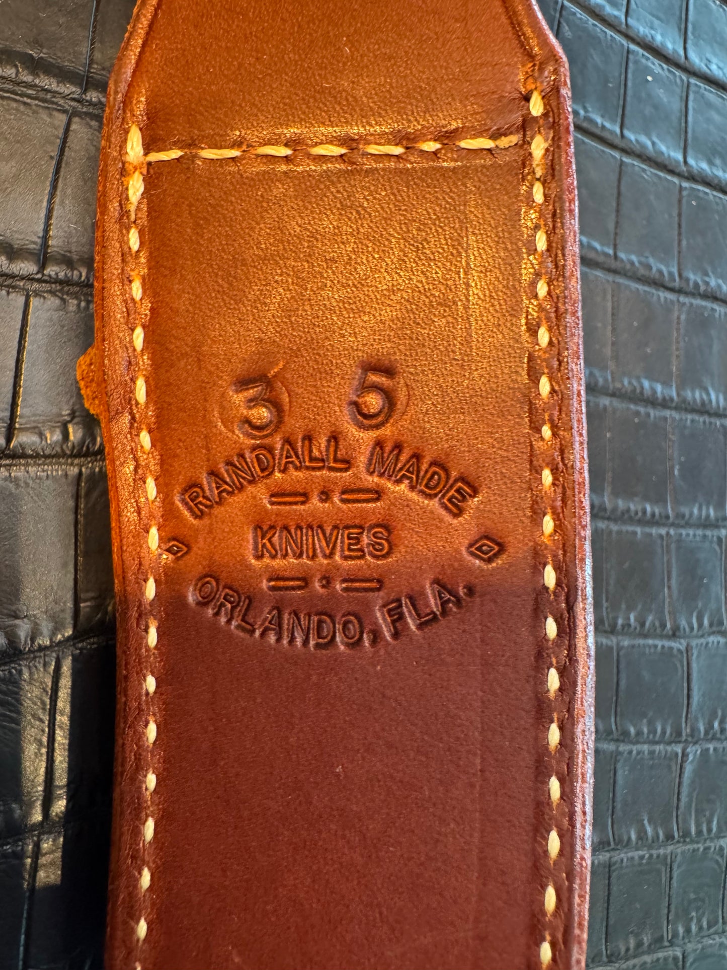 New unused Randall Model 3-5 Sheath in Brown Leather made at Sullivans by Gutcher in Tampa Florida. Official sheath maker for Randall Knives.