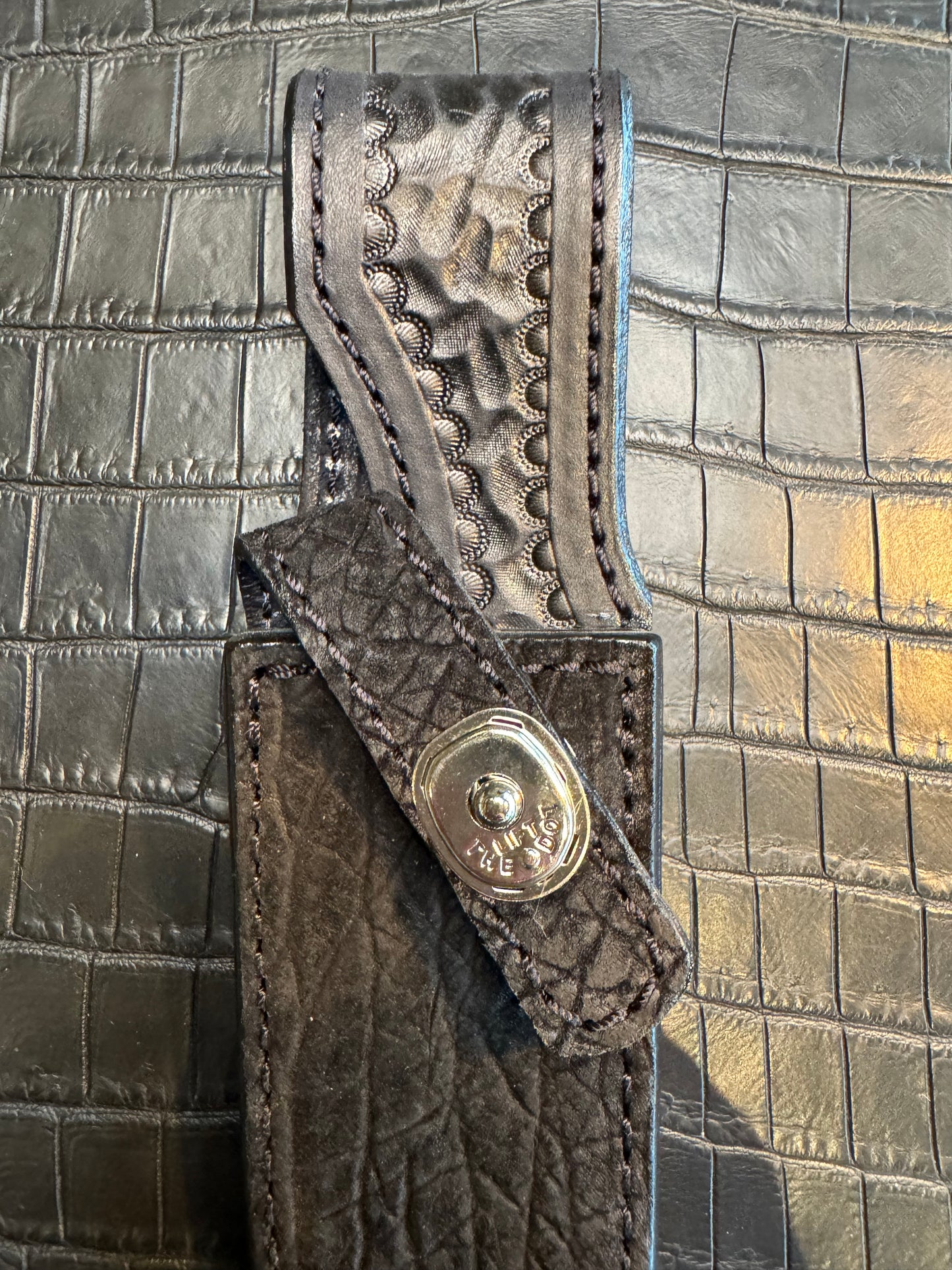 Randall Model 23 in Black Hippo Straight hilt, Canteen Snap, full brass stamping and stitching.
