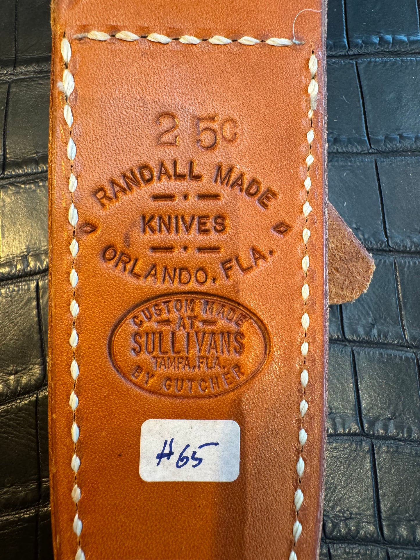 Randall Model 2-5C Sheath in Tan Leather made at Sullivans by Gutcher in Tampa Florida. Official sheath maker for Randall Knives.