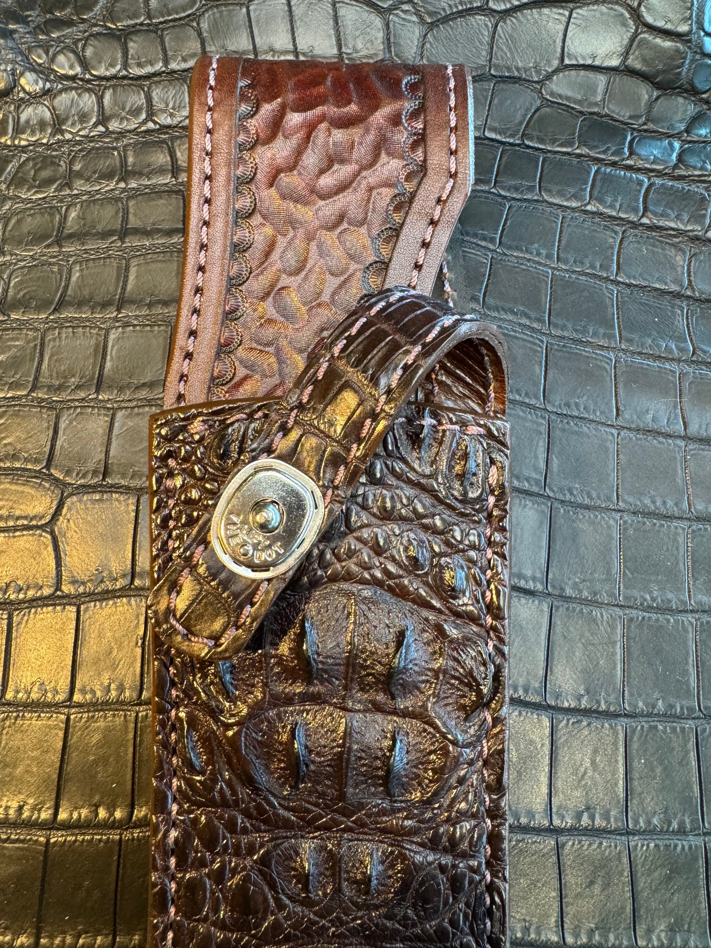 Randall Model 12-11 Confederate Exotic Sheath in Brown Antique Hornback Crocodile by Treeman.