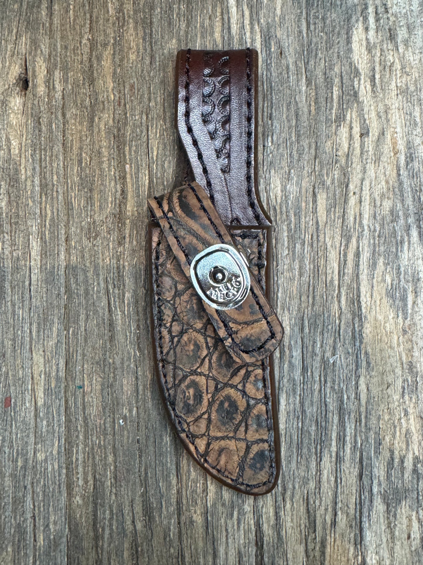 Randall Model 21 Sheath in Exotic Brown Sueded Crocodile from Treeman.