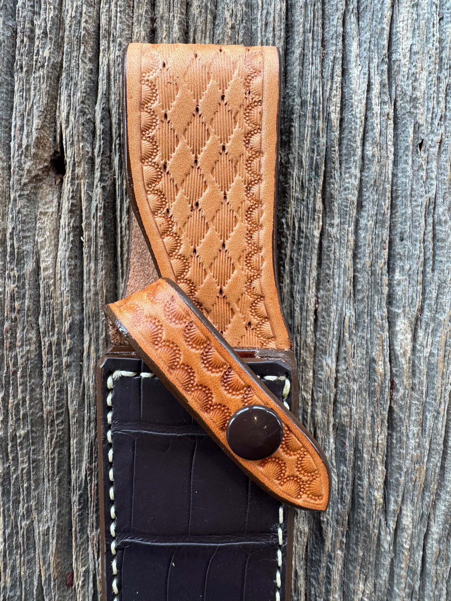 New Randall Model Combat Companion Sheath in Exotic Brown Natural Croc with full leather hand tooled belt loop. Custom Made at Sullivan’s by Gutcher.