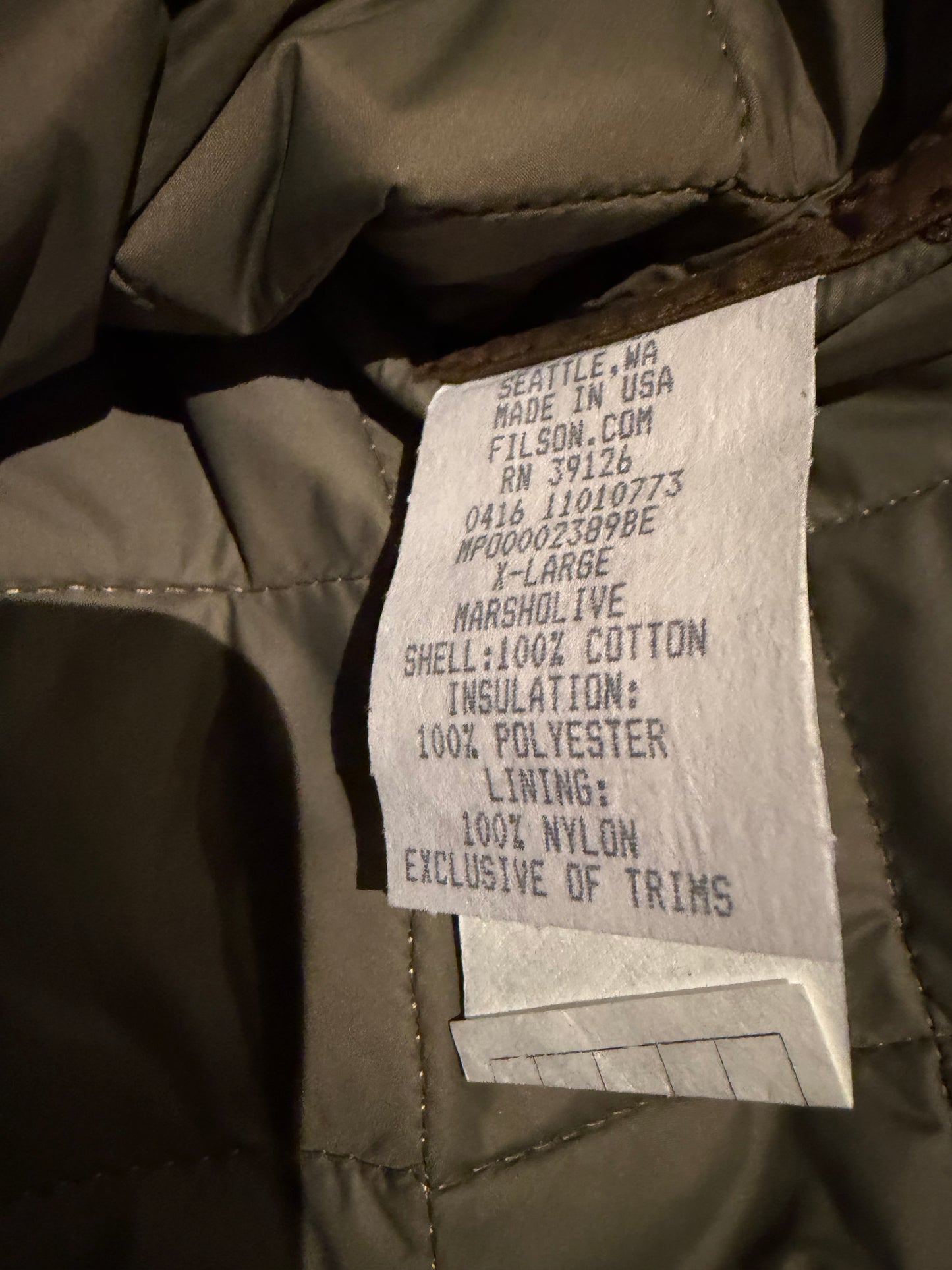 Filson Quilted Mile Marker Jacket NWT Vintage 11010773 Marsh Olive Extra Large Made in the USA