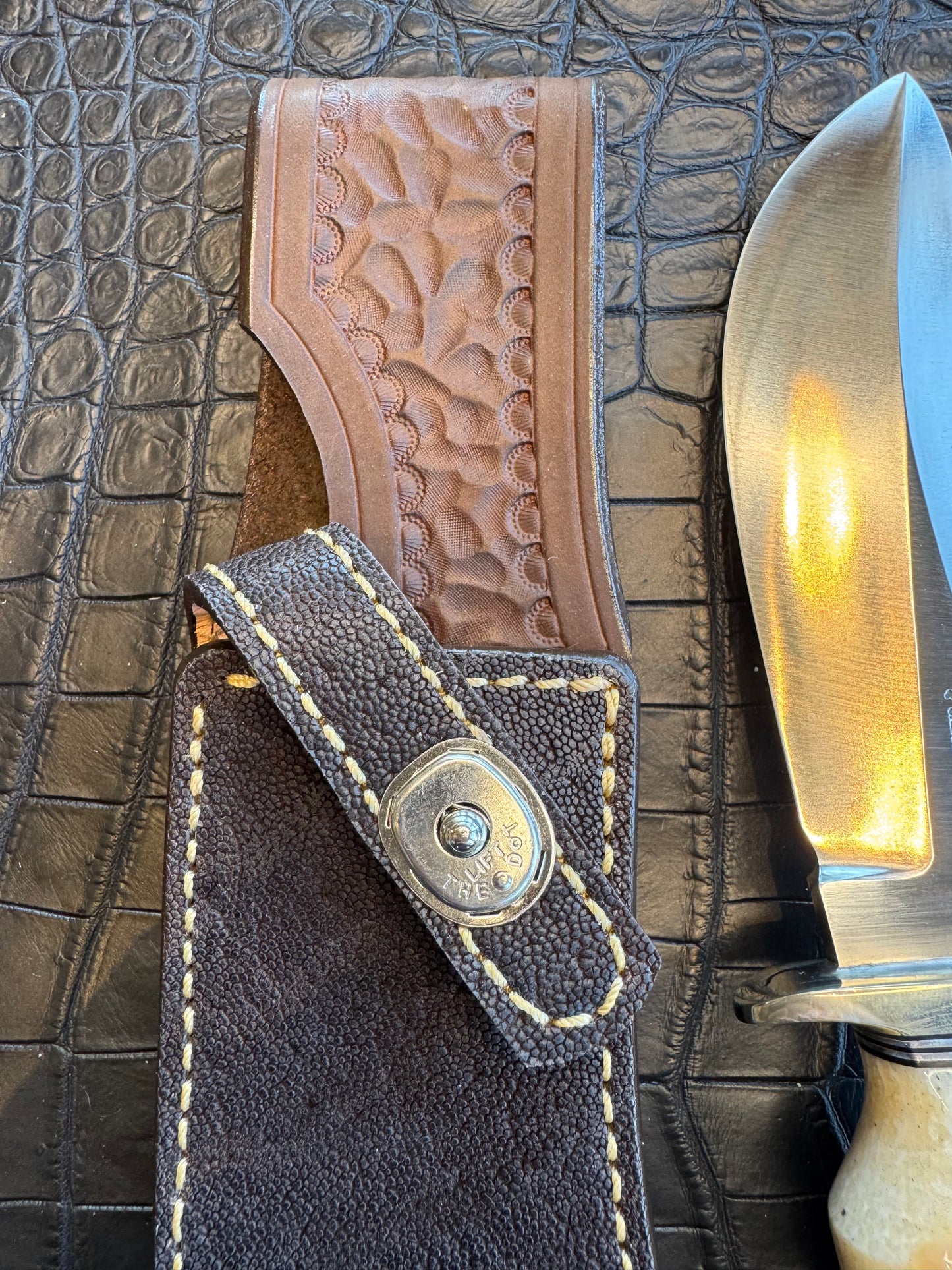 Randall Model RBS Rick Bowles Skinner Sheath in Exotic Black Elephant Skin from Treeman. Sheath only