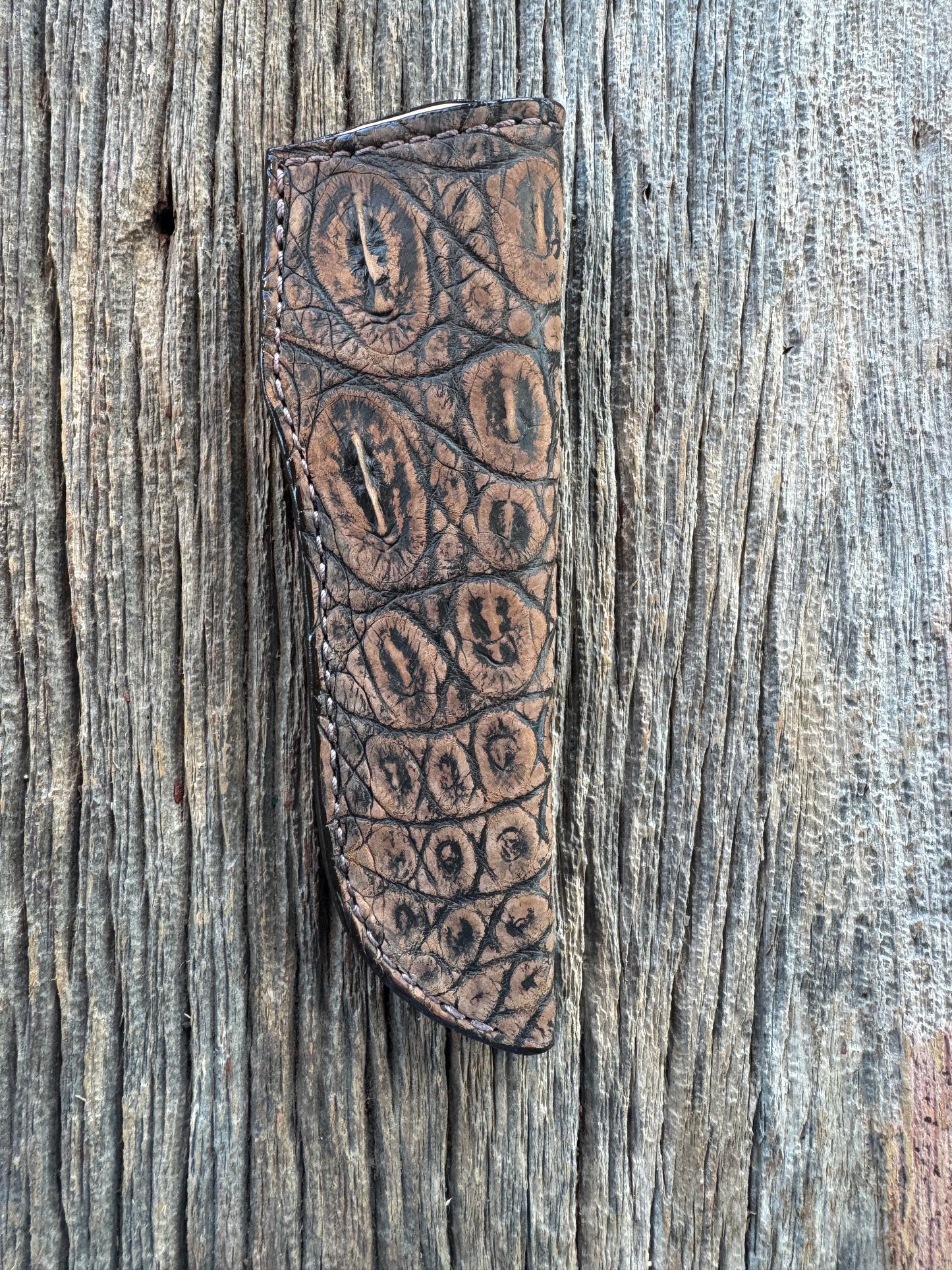Randall Model 26 Sheath in Exotic Brown Sueded Crocodile Throat style from Treeman.