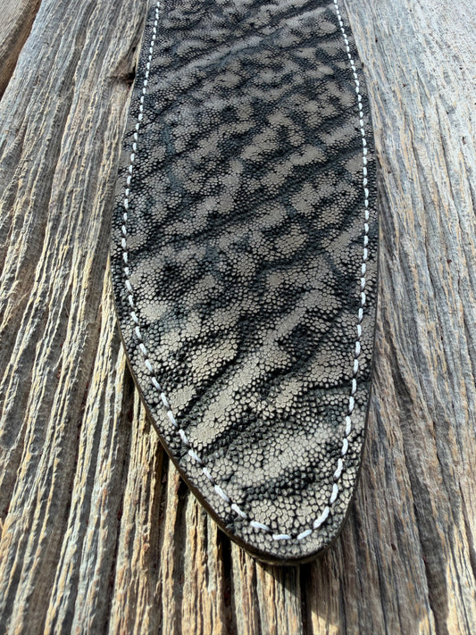 New Randall Model 12-11 Large Sasquatch Sheath in Exotic thick and textured Black and Grey Elephant Ear on brown leather from Treeman with a silver Canteen snap. Hand tooled belt loop. Killer sheath.