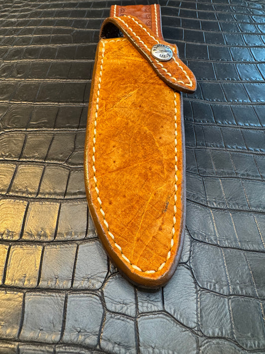 New Randall for a 5 Inch Blade straight Sheath in Exotic Tan/Gold Hippo Custom Made at Sullivan’s by Gutcher.