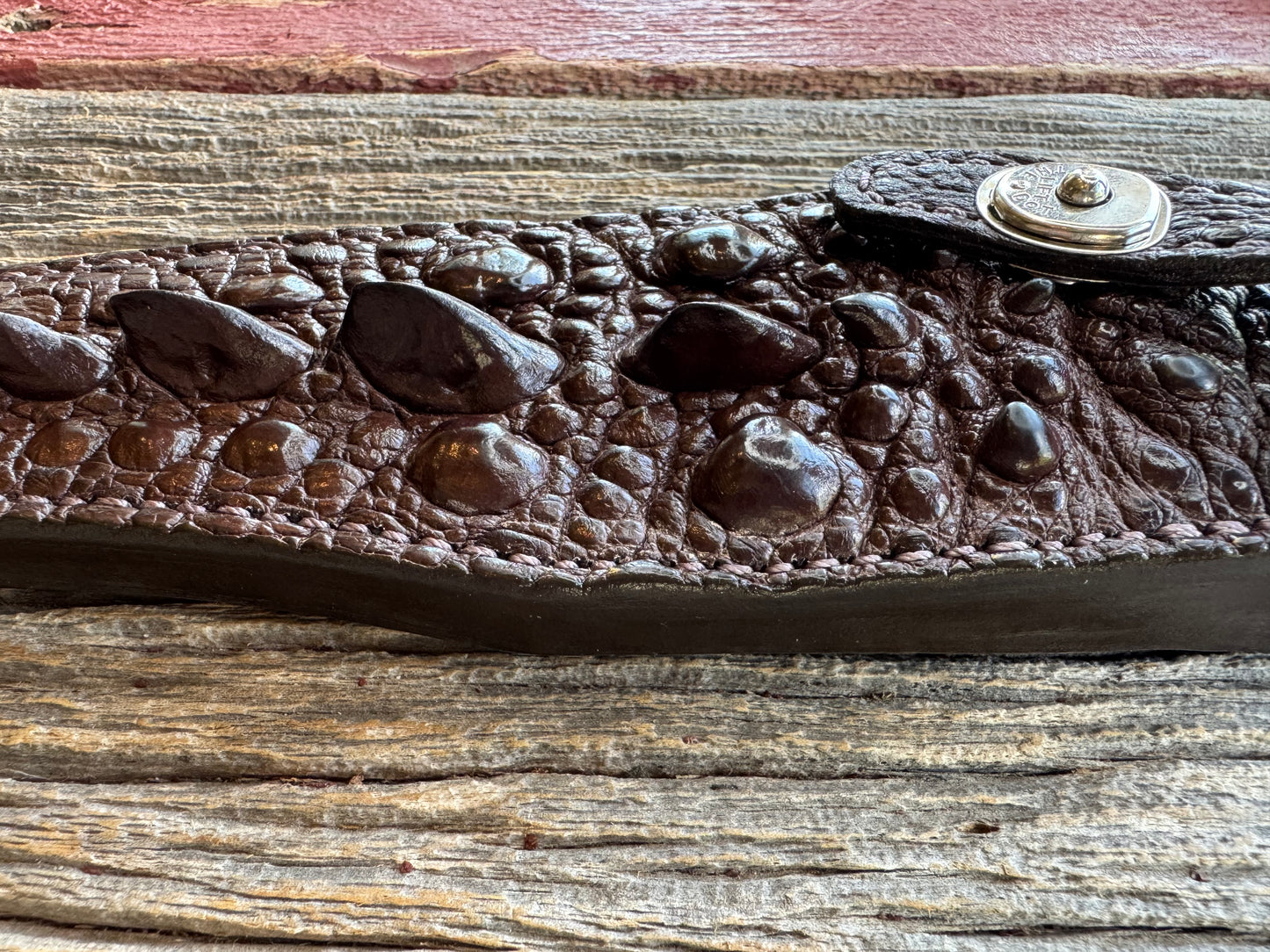 Randall Model 12-8 “Big Bear” Sheath in Exotic Dark Brown Snapping Turtle by Treeman. Spiked Dragon tail portion of the turtle.