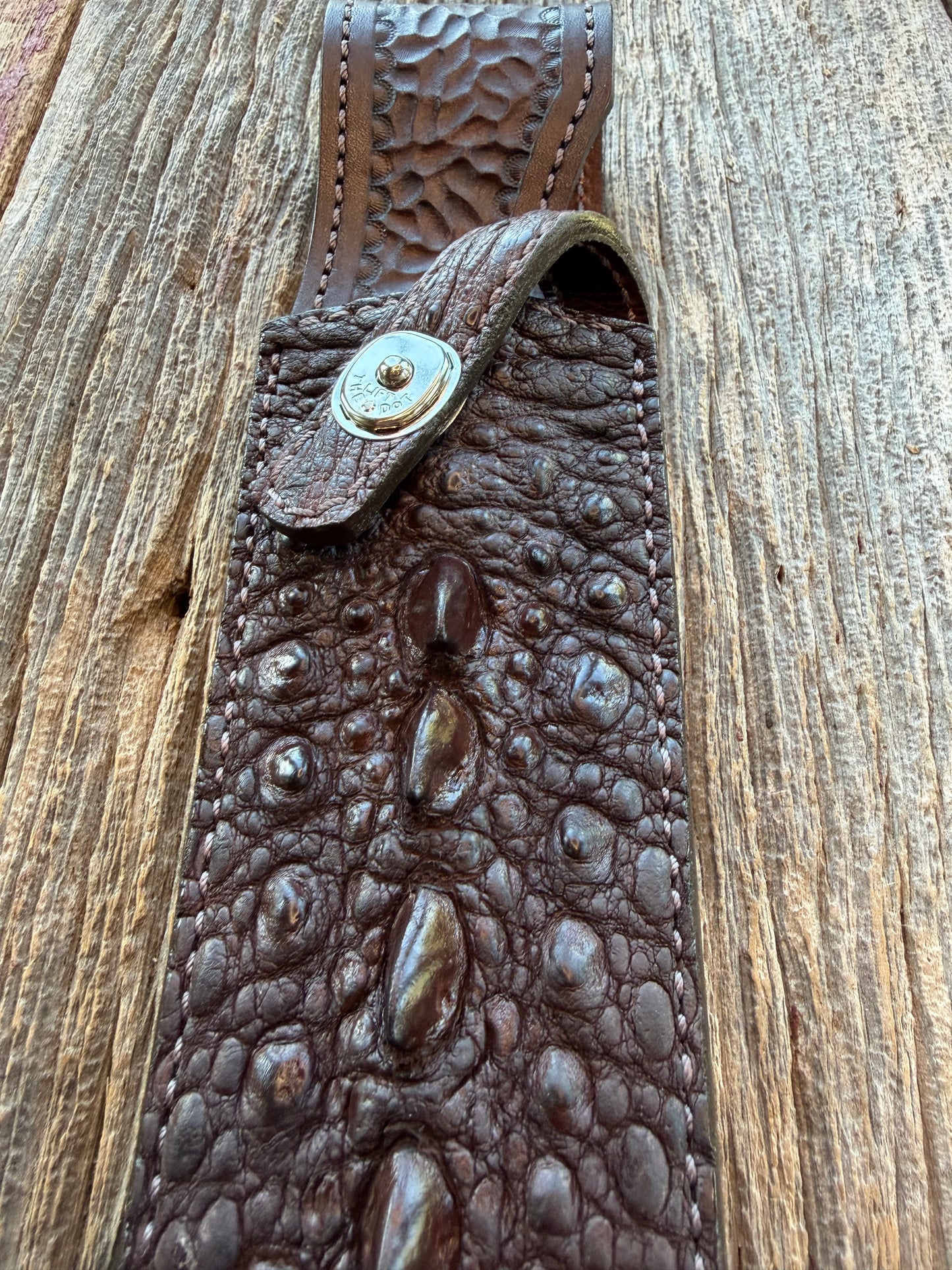 New Randall Model 12-9/14 Grind Sheath in Exotic Brown Snapping Turtle by Treeman. Spiked Dragon tail portion of the turtle.