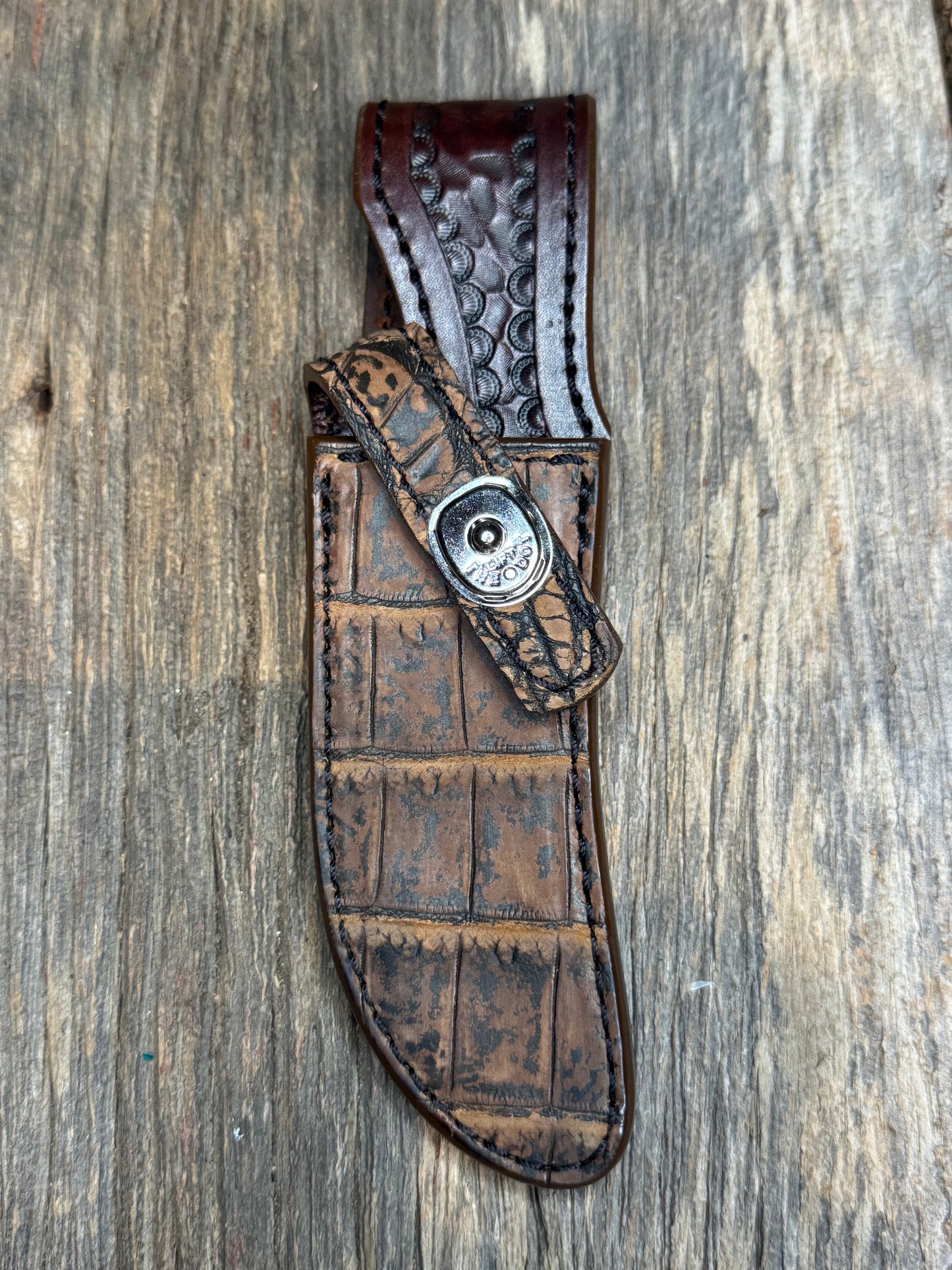 Randall Model 20 Sheath in Exotic Brown Sueded Crocodile from Treeman.