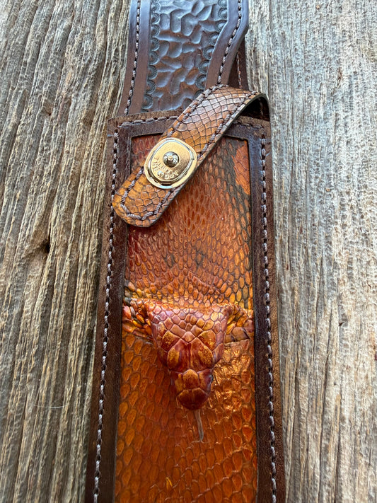 New Randall Model 12-9 Bowie Sheath in Exotic Cobra with actual head by Treeman. Black and Browns … one of only a few 12-9’s I have.