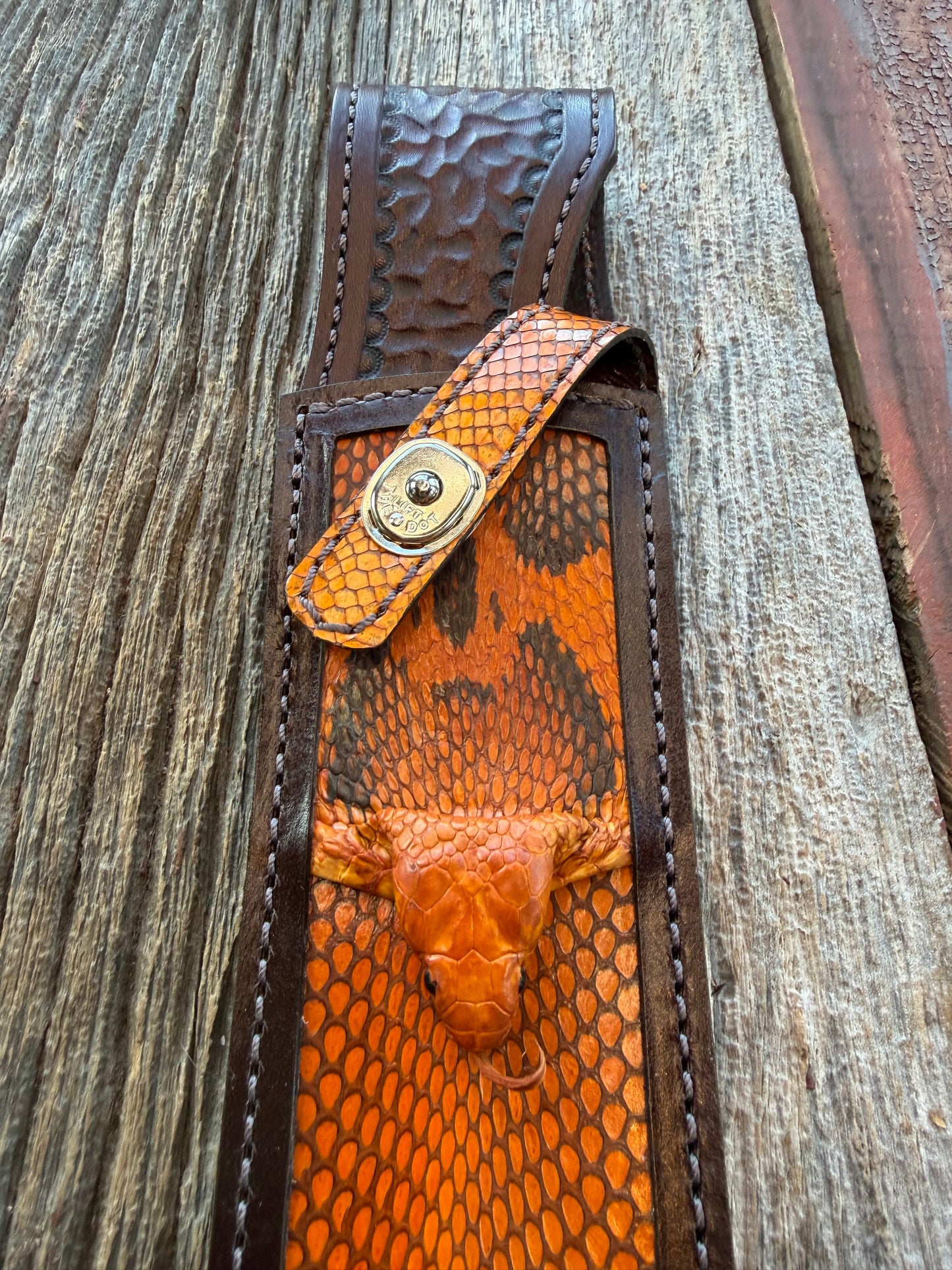 New Randall Model 12-9 Bowie Sheath in Exotic Cobra with actual head by Treeman. Browns, Black and Rust, one of only a few 12-9’s I have.