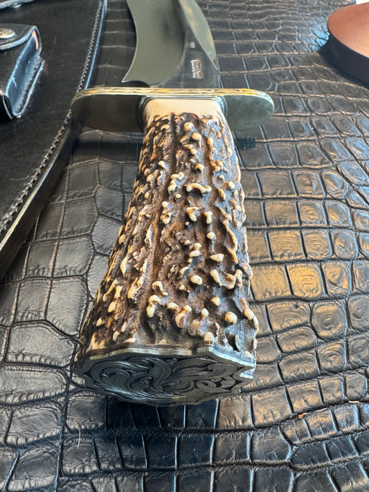 Randall Model 12-11 Dealer Special Large Sasquatch in a Huge piece of Popcorn Stag. Gold and Silver Engraved, Nickel Silver Hilt and Butt plate.