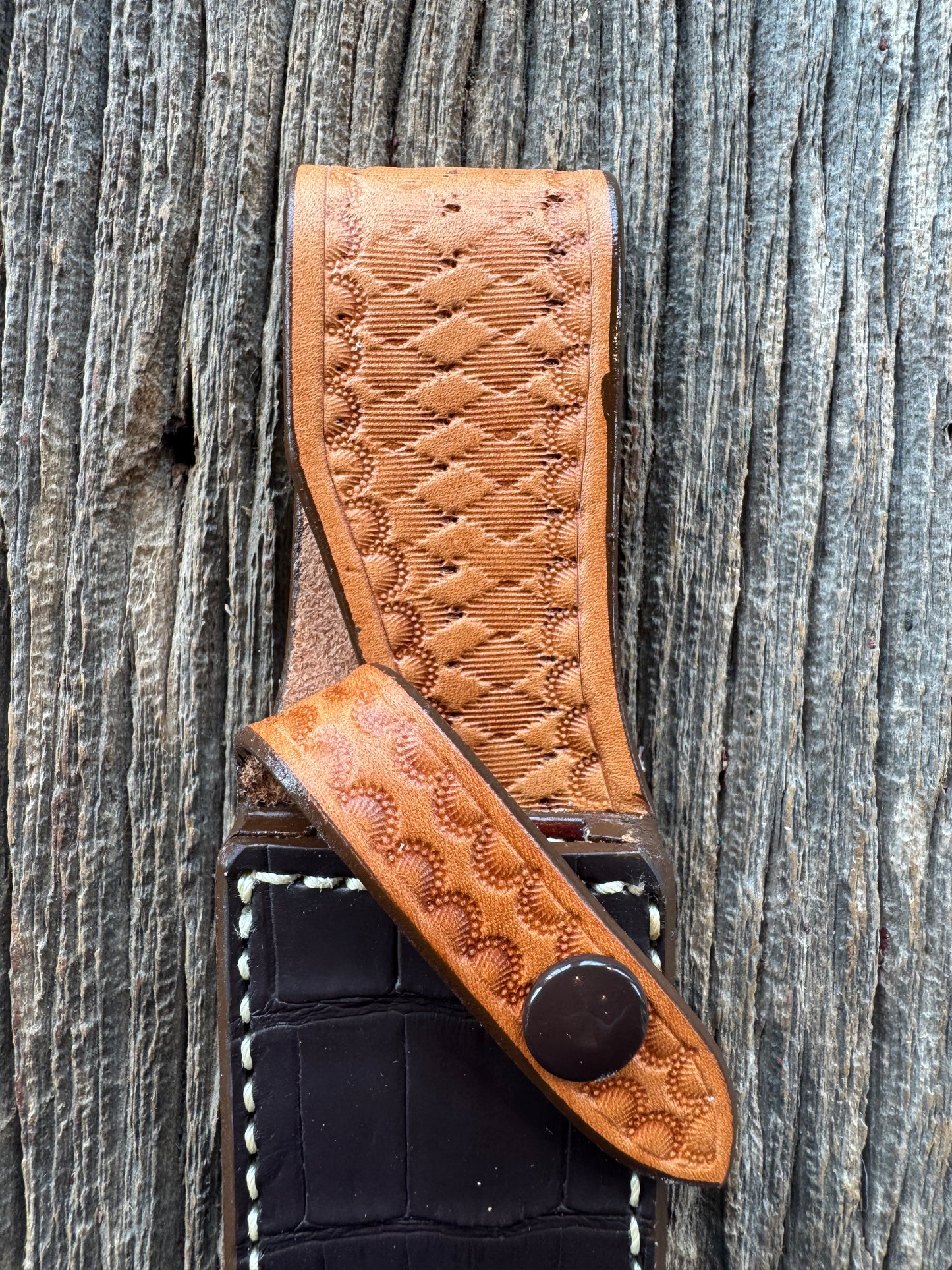 New Randall Model Combat Companion Sheath in Exotic Brown Natural Croc with full leather hand tooled belt loop. Custom Made at Sullivan’s by Gutcher.